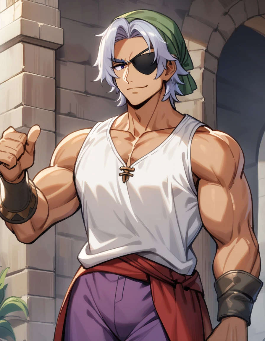 1man, muscular mature, pirate, green headscarf, gray hair, headscarf with asymmetrical bangs, blue 1eye, black eyepatch, short hair, tanned skin, tough, ordinary, forehead, large bangs, BREAK solo, red waist cloth, purple arabian pants, white sleeveless shirt, loose fitting shirt, tented shirt, medieval, soft smile, in jrpg style, 1990s, masterpiece, best quality
