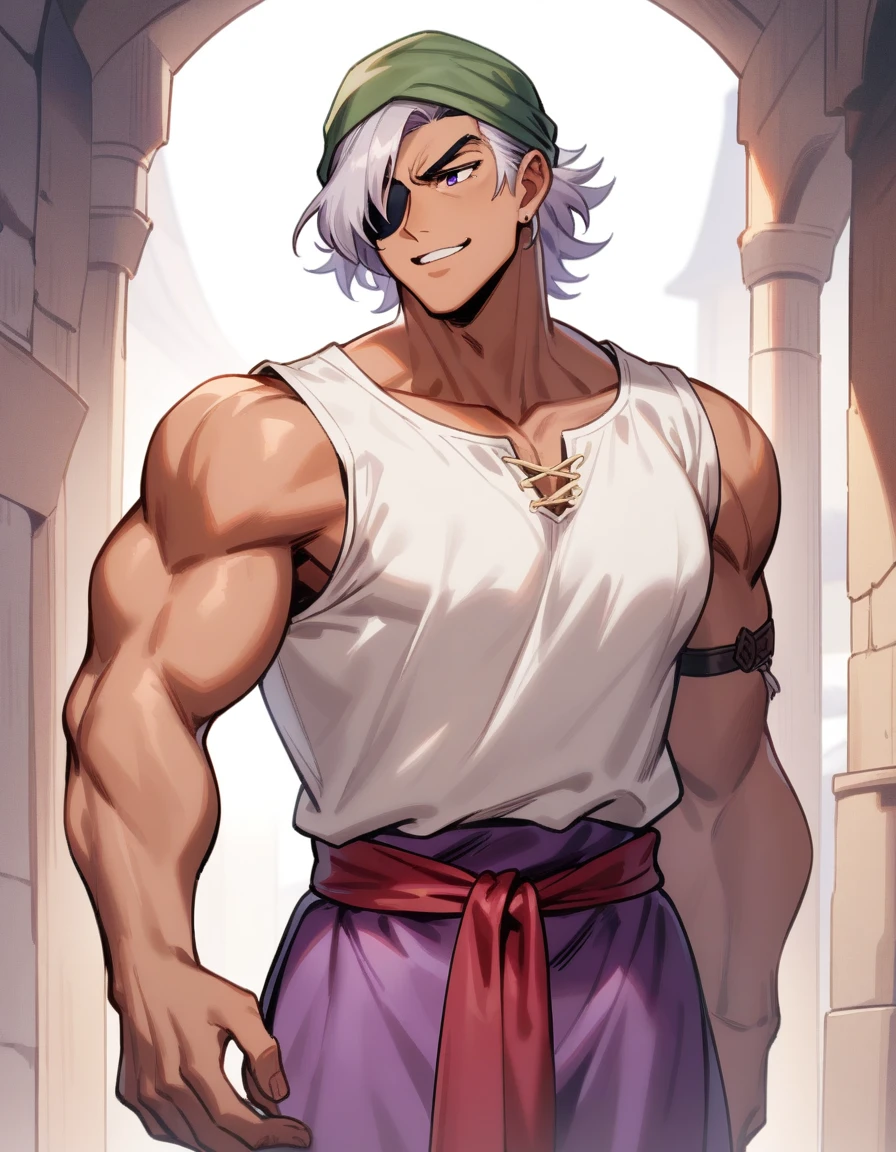 1man, muscular mature, pirate, green headscarf, gray hair, headscarf with asymmetrical bangs, blue 1eye, black eyepatch, short hair, tanned skin, tough, ordinary, forehead, large bangs, BREAK solo, red waist cloth, purple arabian pants, white sleeveless shirt, loose fitting shirt, tented shirt, medieval, soft smile, in jrpg style, 1990s, masterpiece, best quality