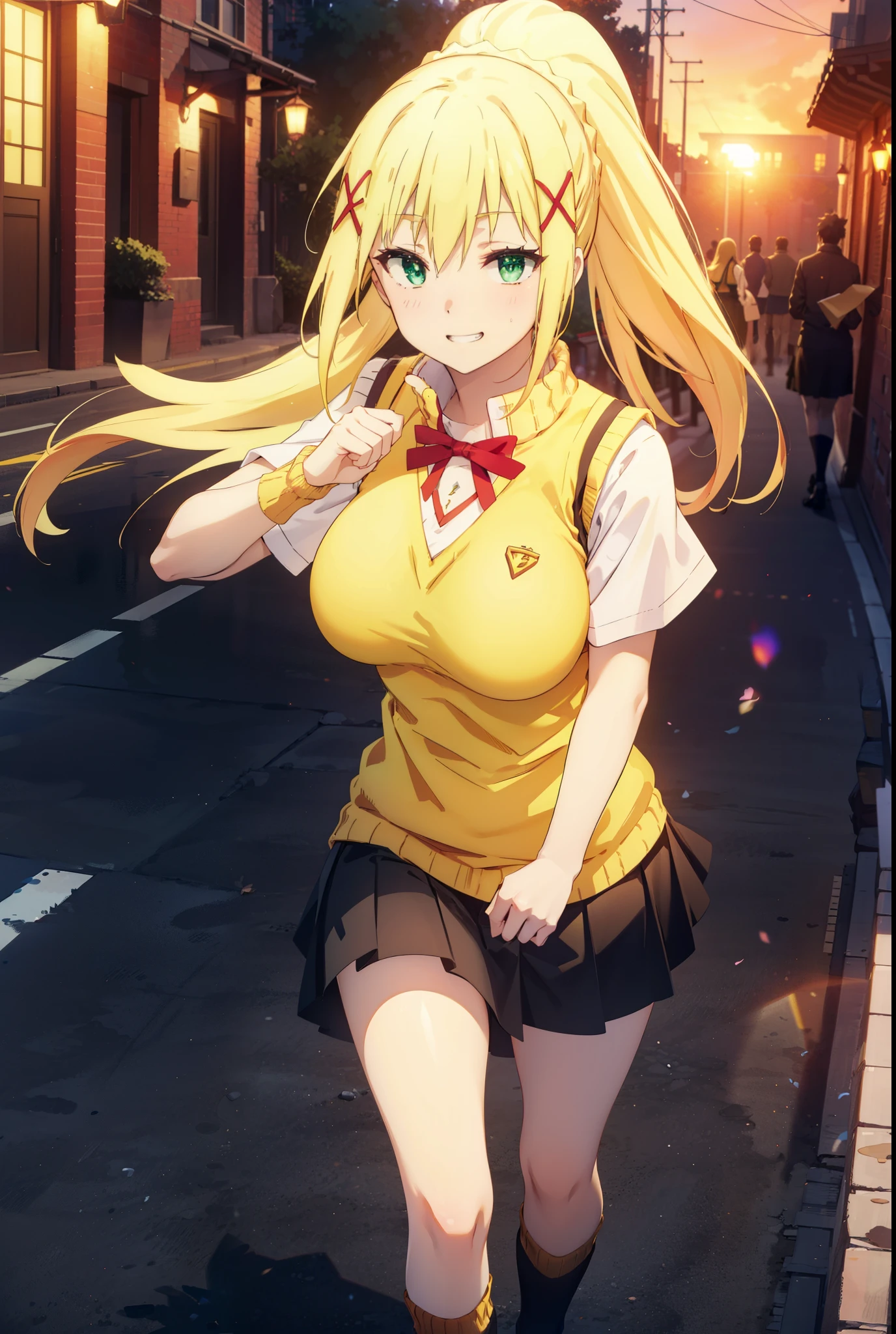 Lalatina Dusty Nesford, Lalatina Dustiness Ford, darkness \(KonoSuba\), Long Hair, (Green Eyes:1.3), Blonde, hair ornaments, ponytail, Braiding, x hair ornaments,Big Breasts,smile, Grin, White Y-shirt,Short sleeve,Sweater vest, Black knee-high socks,(yellow Sweater vest:1.5),Black pleated skirt,Black Loafers,whole bodyがイラストに入るように,Walking,Sunset,evening,The sun is setting, break outdoor,In town,Building district,,crowd, people々々々々々, break looking at viewer, whole body, break (masterpiece:1.2), highest quality, High resolution, unity 8k wallpaper, (shape:0.8), (Beautiful and beautiful eyes:1.6), Highly detailed face, Perfect lighting, Extremely detailed CG, (Perfect hands, Perfect Anatomy),