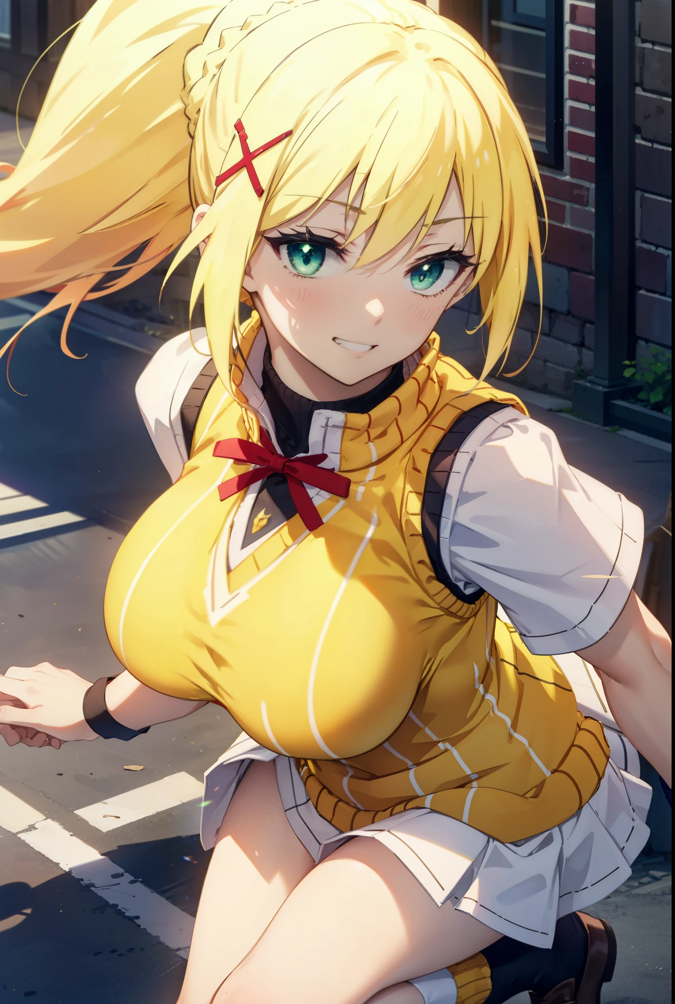 Lalatina Dusty Nesford, Lalatina Dustiness Ford, darkness \(KonoSuba\), Long Hair, (Green Eyes:1.3), Blonde, hair ornaments, ponytail, Braiding, x hair ornaments,Big Breasts,smile, Grin, White Y-shirt,Short sleeve,Sweater vest, Black knee-high socks,(yellow Sweater vest:1.5),Black pleated skirt,Black Loafers,whole bodyがイラストに入るように,Walking,Sunset,evening,The sun is setting, break outdoor,In town,Building district,,crowd, people々々々々々, break looking at viewer, whole body, break (masterpiece:1.2), highest quality, High resolution, unity 8k wallpaper, (shape:0.8), (Beautiful and beautiful eyes:1.6), Highly detailed face, Perfect lighting, Extremely detailed CG, (Perfect hands, Perfect Anatomy),