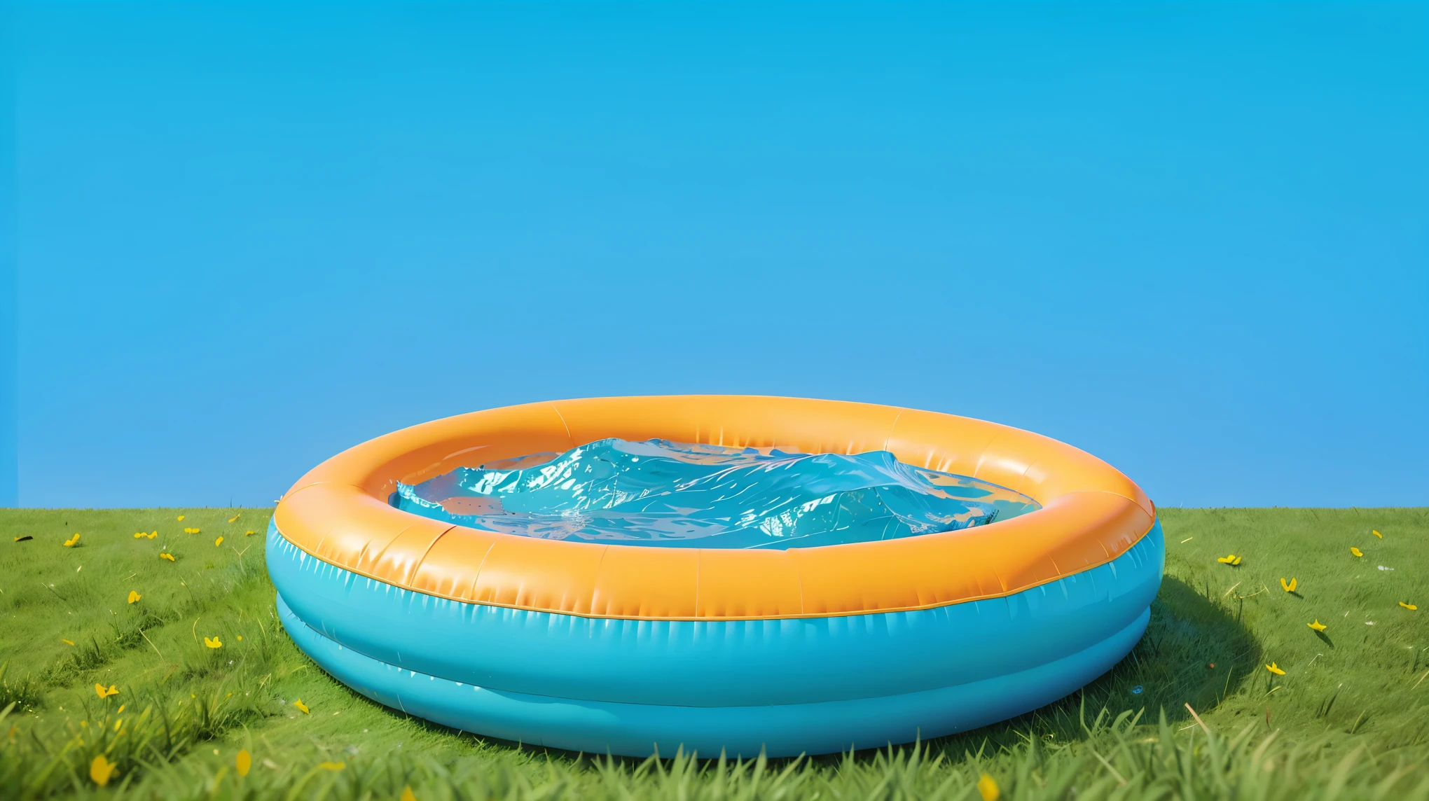 An inflatable swimming pool filled with water sits on a grassy lawn. An inflatable swimming pool filled with water sits on a grassy lawn. cartoon key frame rendering, cute 3D rendering, Shiny metallic,Create ultra sharp  цветной рендеринг zbrush. perfect cgi, cgi art created only with gradients, smooth silhouette, Create ultra sharp skin, high intensity refraction, (plastic material), most beautiful vfx, blue background, plastic refractions, glossy texture, smooth 3d model, multiple light sources, rim light, sharp post effects render, (glossy plastic texture with multiple big light probe refractions), perfect cgi, cgi art created only with gradients, smooth silhouette, high intensity refraction, (plastic material), most beautiful vfx, blue background, plastic refractions Create ultra sharp