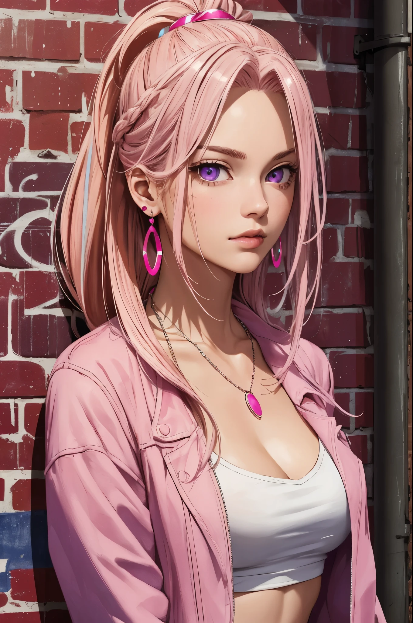 (best quality, masterpiece:1.2),highres,ultra-detailed,realistic,portrait,medium:1.1, girl,complex details,colorful, (medium breath),long hair,pink hair,red headpiece,pink highlights,hair covering one eye,purple eyes,earrings,intense gaze,necklace,neon shirt,open jacket,cropped top, (symmetrical eyes),perfectly symmetrical figure,leaning against a brick wall,graffiti,dim lighting,alleyway,observing the audience.