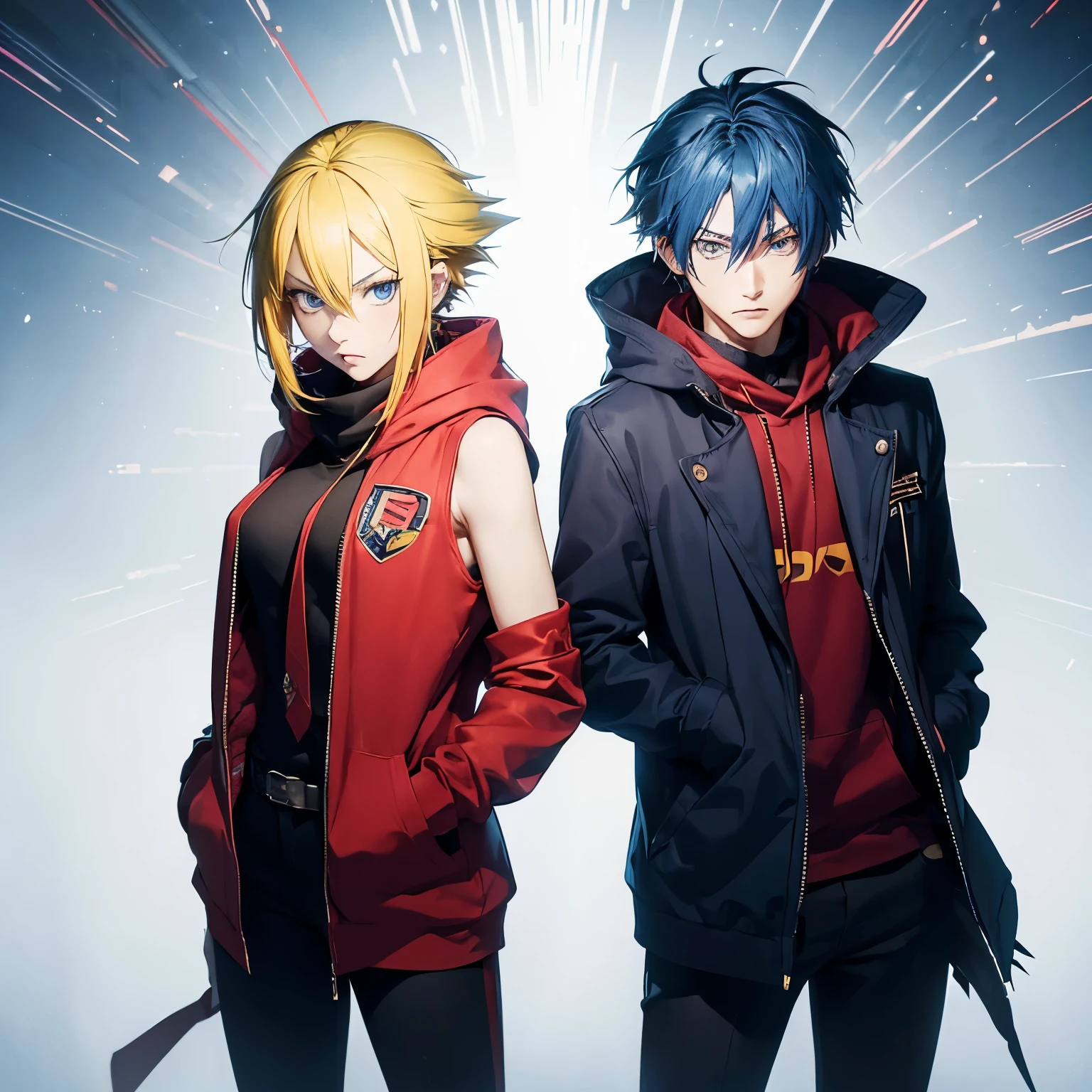 ((Couple)), ((26 years old, male,Yellow hair, Blue eyes), Spiky hair)). 

((26 Years Old), female, Indigo Hair), Hime Cut, Bang)),, red scarf, red hoodie vest, sleeveless, black pants, black gloves, slim, up to legs, intimidating aura