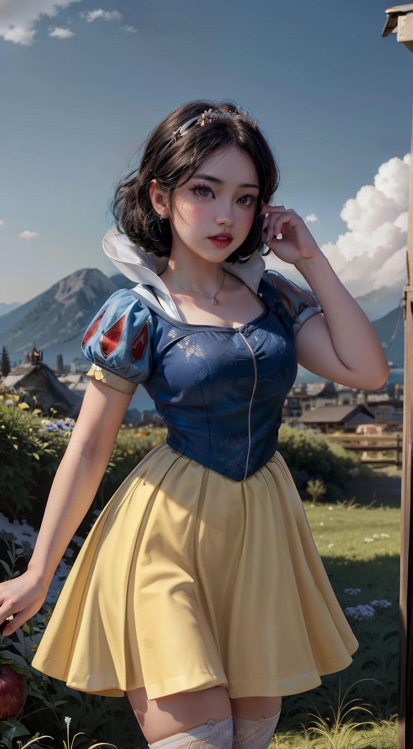 (Malicious SnowPrincessw:1.3), One girl, 笑face, :is, sexy,  face, View your viewers, (dress, Puff short sleeves, skirt:1.2), From below, magic, (sexy pose:1.3), black stockings, (Big Breasts), Curvy, Big eyes, ((cute)), Thick thighs, stockings, ((eat red apple)),

(Realistic:1.2), (realism), (masterpiece:1.2), (highest quality), (Super detailed), (8k, 4K, Complex),(Full Body Shot:1),(Cowboy Shot:1.2), (85mm),Particles of light, Lighting, (Very detailed:1.2),(detailed face:1.2), (Gradation), SFW, colorful, (Fine grain:1),

(Detailed landscape, city, field, Grass, Mountain々, Flowers:1.2), (null, cloud:1.2),(Detailed Background),Detailed landscape, (Dynamic Angle:1.2), (Dynamic pose:1.2), (The rule of thirds_composition:1.3), (Course of action:1.2), Wide Shot, Dawn, alone,