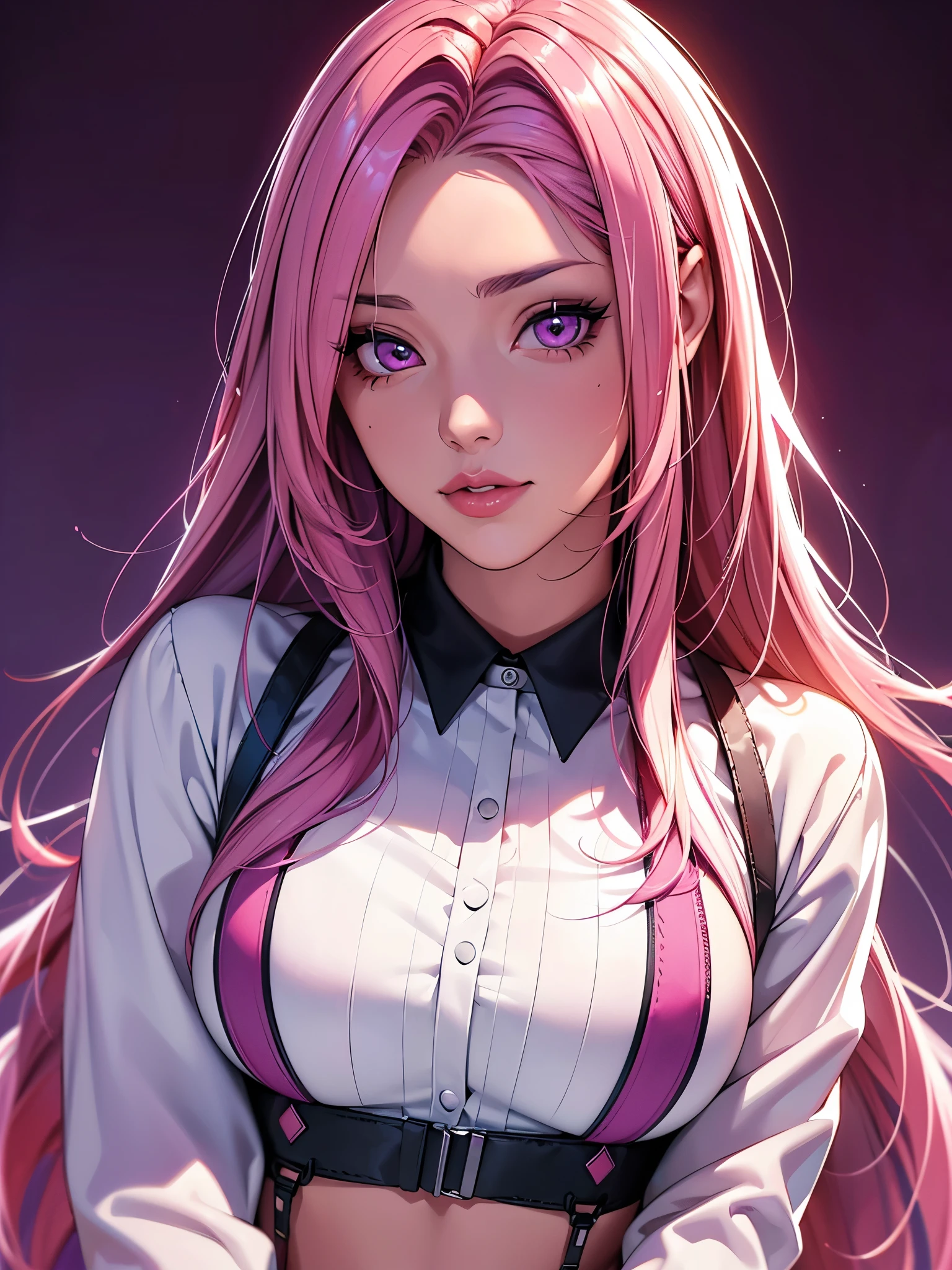 (Best quality at best,8K,A high resolution,tmasterpiece:1.2),Digital artwork, one girl,detailed face,detailed eyes,pink hair,long straight hair,glowing purple eyes,red lip,Suspenders