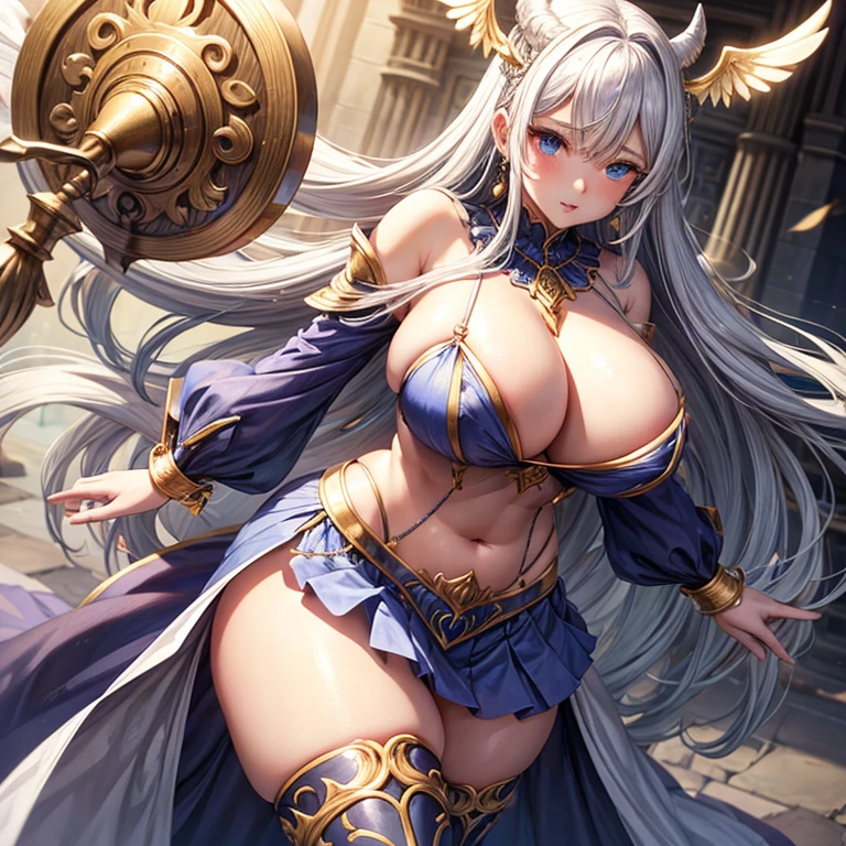 In the sky、Demon of Justice、Gray Hair、Belly Dance Cosplay、Camel Toe、Giant tit、Nipple Puffs、Cleavage、Plump、Super big breasts、Super big butt、Earrings、Earrings、necklace、Thick lips、Heterochromia、Bracelet、Caster wheel、first round、Hair Charm、Lip gloss、(Frilled Skirt、Pareo、Angel Halo、See-through skirt)
