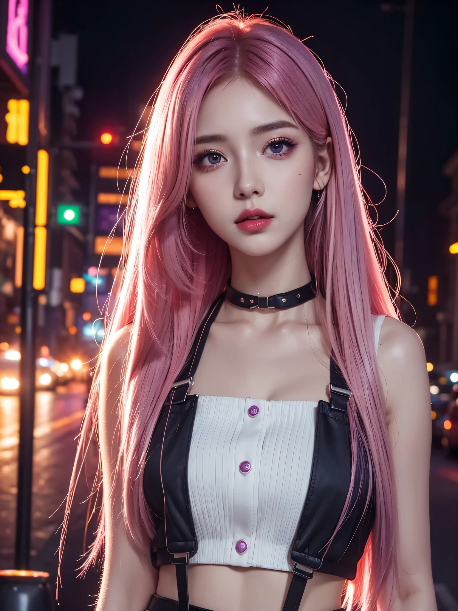 (Best quality at best,8K,A high resolution,tmasterpiece:1.2),Digital artwork, one girl，detailed face，detailed eyes，pink hair，long straight hair，glowing purple  eyes，red lip，Suspenders