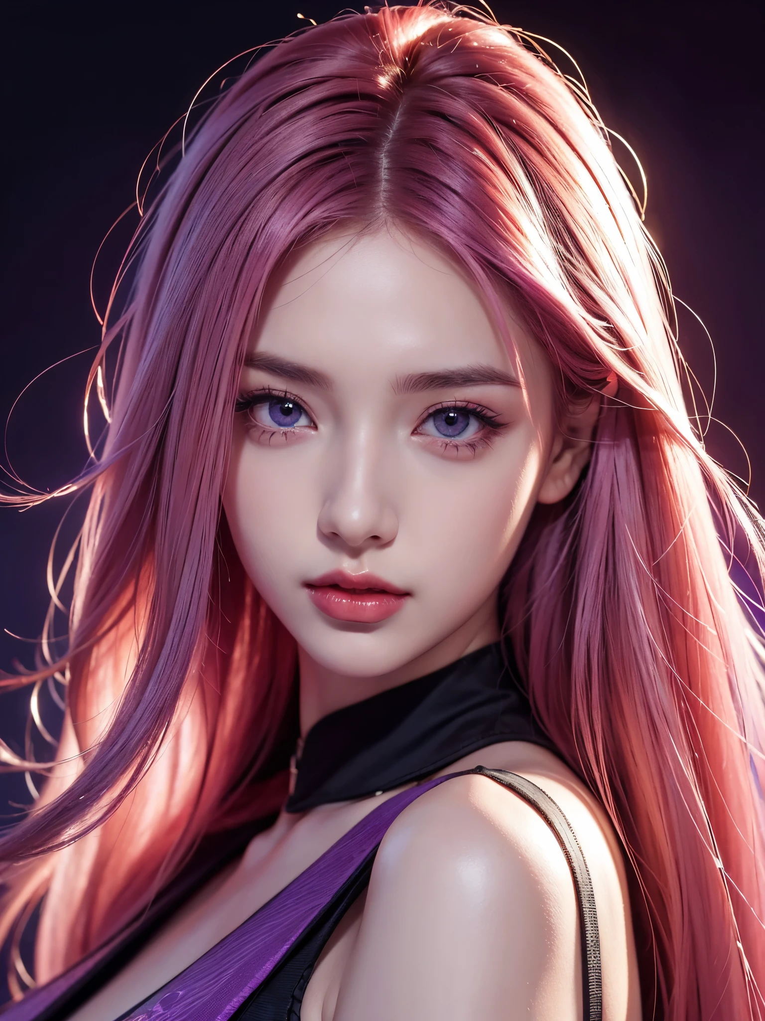 (Best quality at best,8K,A high resolution,tmasterpiece:1.2),Digital artwork, one girl，detailed face，detailed eyes，pink hair，long straight hair，glowing purple  eyes，red lip，Suspenders