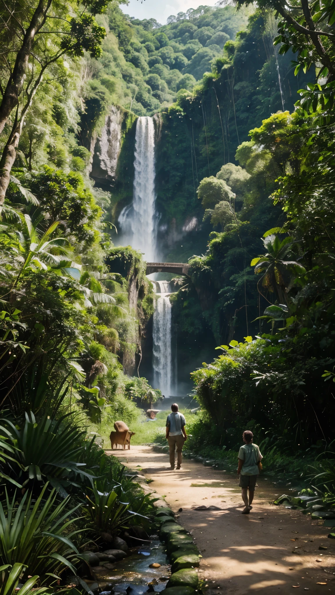 Hd and realistic youtube thumbnail The jungle is lush and green again, with a river flowing and abundant vegetation. Animals of all kinds interact harmoniously. Leo walks side by side with Ella and other animals, all looking content and united. The scene radiates peace and prosperity.