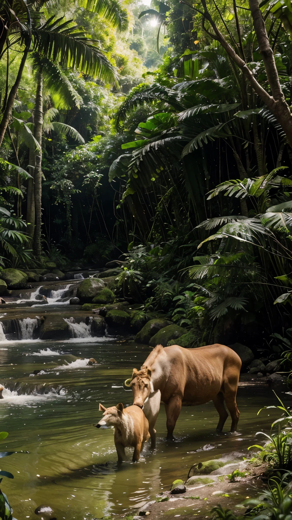 Hd and realistic youtube thumbnail The jungle is lush and green again, with a river flowing and abundant vegetation. Animals of all kinds interact harmoniously. Leo walks side by side with Ella and other animals, all looking content and united. The scene radiates peace and prosperity.
