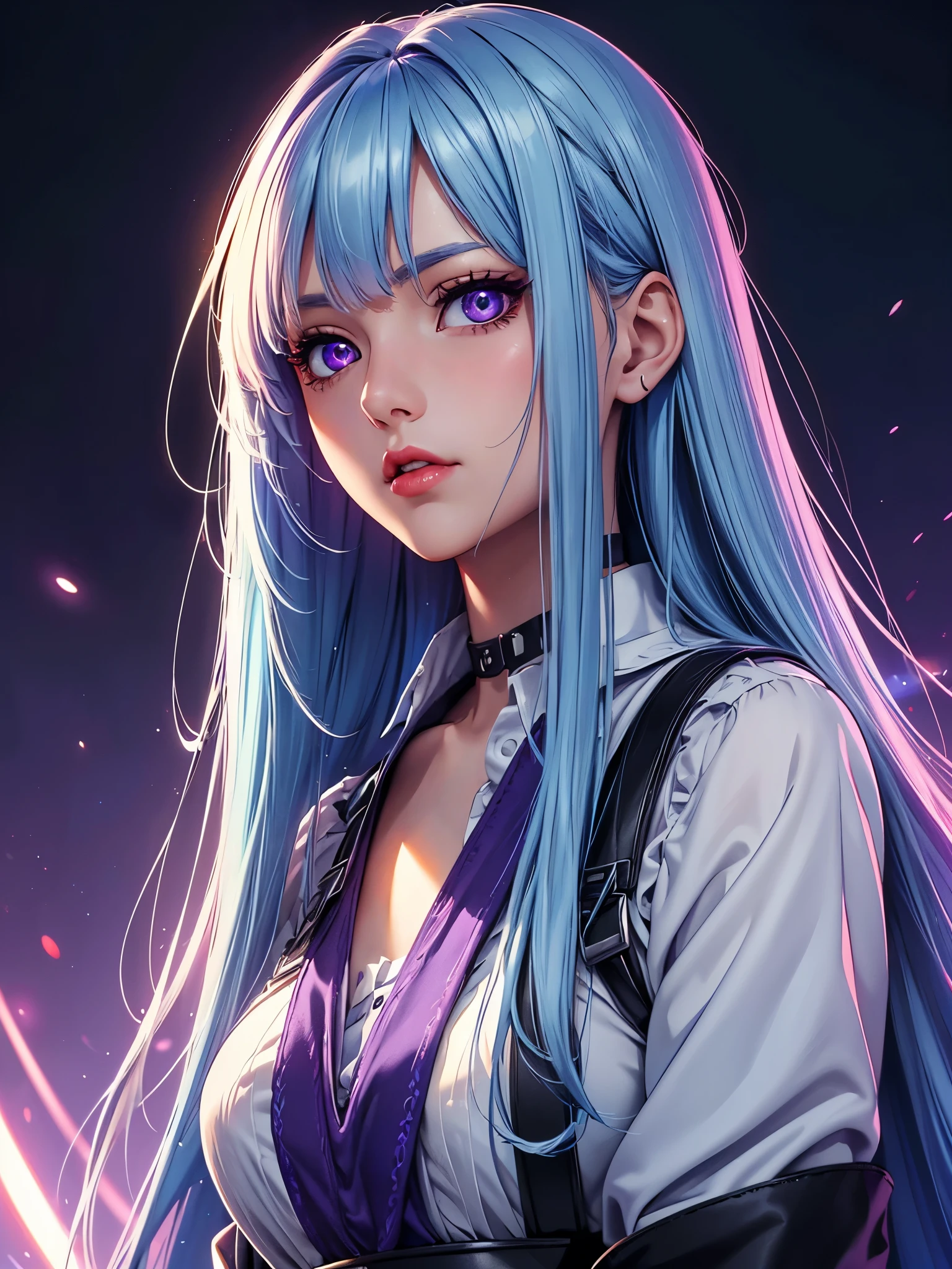 (Best quality at best,8K,A high resolution,tmasterpiece:1.2),Digital artwork, one girl,detailed face,detailed eyes,light blue hair,long straight hair,glowing purple eyes,red lip,Suspenders