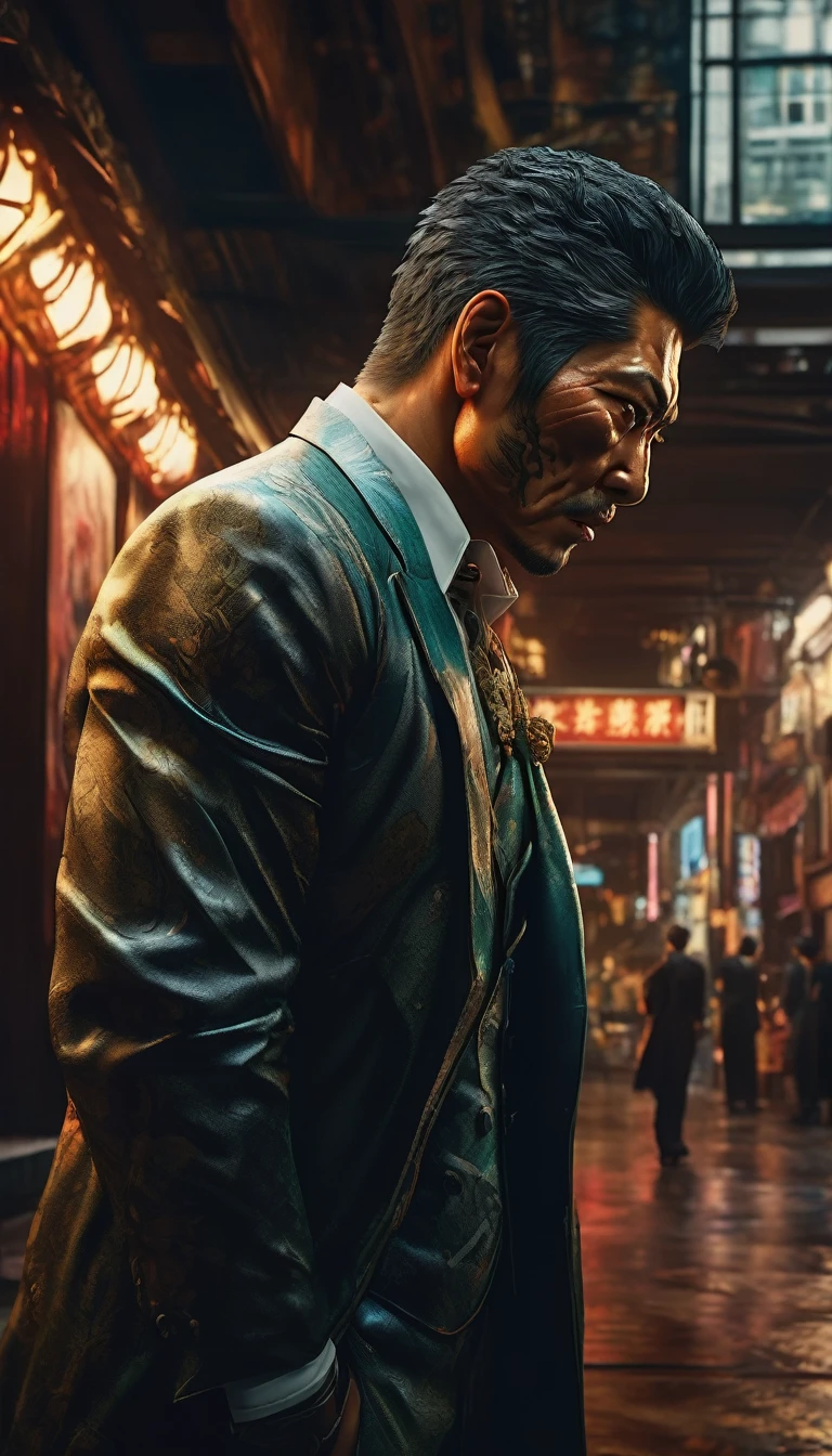 A Yakuza enforcer carrying out a brutal punishment on someone who crossed the organization, detail, shot, dramatic, daylight, indoor studio lights, medium shot , highly detailed, vibrant, detailed textures, medium shot, ultrawide, full length shot, realistic, bright, ultrarealistic, realistic focus face, bright scene, city, 8k ,hyper realistic, ultra detailed hyper realistic, photorealistic, Studio Lighting, reflections, Cinematic, historical accuracy, Color Grading, Photography, Shot on 50mm lens, Depth of Field, hyper-detailed, beautifully color, 8k