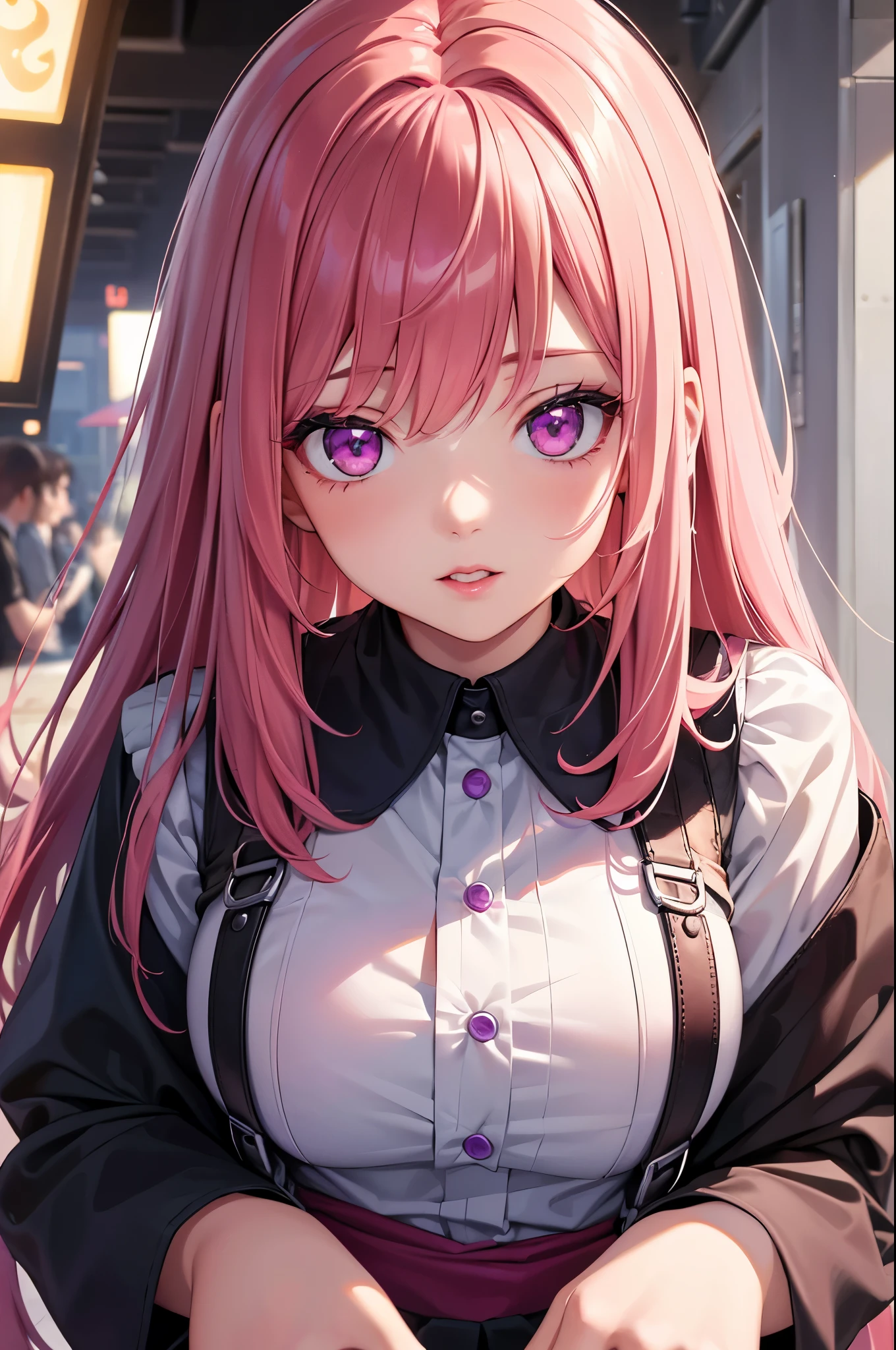 (Best quality at best,8K,A high resolution,tmasterpiece:1.2),Digital artwork, one girl,detailed face,detailed eyes,pink hair,long straight hair,glowing purple eyes,red lip,Suspenders