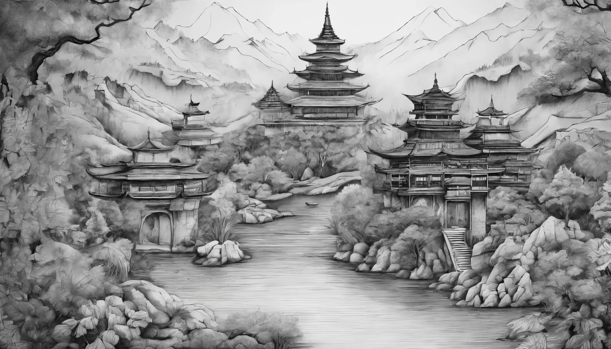 Traditional Chinese colored ink painting,Dancyan, Visioncient temple,Surrounded by mountains,There is a river at the foot of the mountain,Lush trees