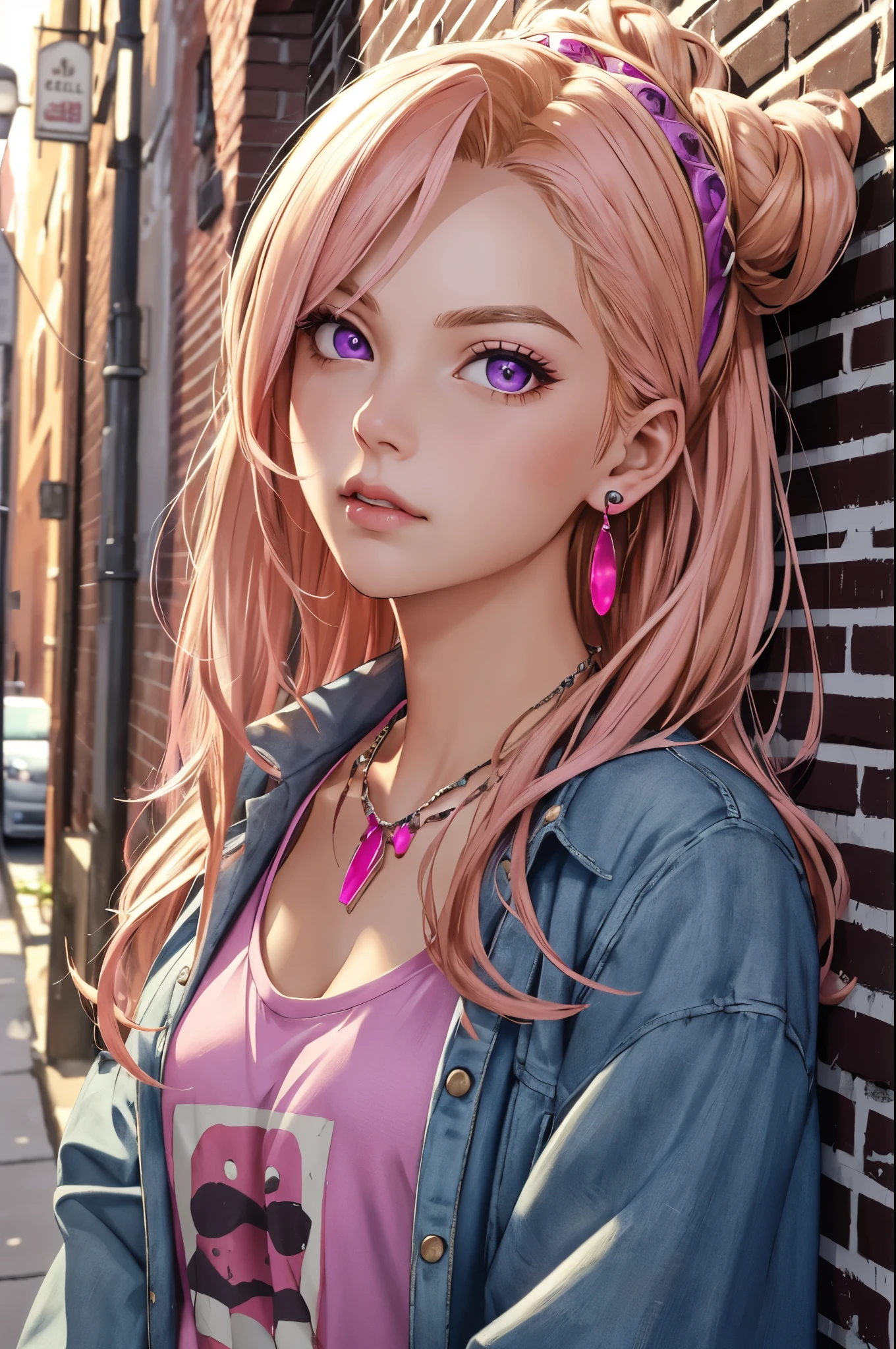 (best quality, masterpiece:1.2), ultra-detailed, realistic, portrait, medium:1.1, girl, complex details, colorful, (medium breath), long hair, Blonde hair, red headpiece, pink highlights, hair covering one eye, purple eyes, earrings, intense gaze, necklace, neon shirt, open jacket, cropped top, (symmetrical eyes), perfectly symmetrical figure, leaning against a brick wall, graffiti, dim lighting, alleyway, observing the audience., highres