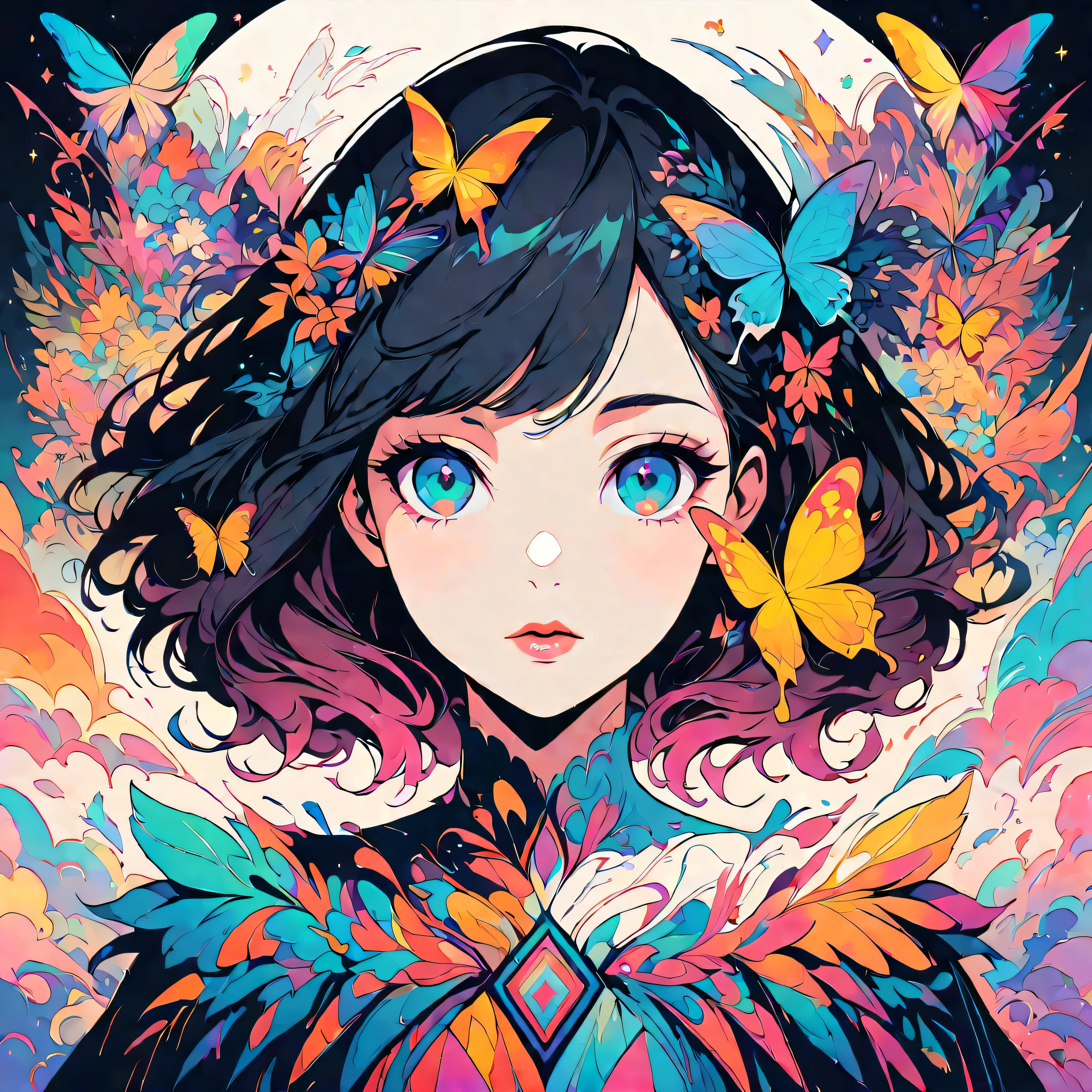 girl,portrait,vector art,vector art:1.2,floral pattern:1.1,geometric elements,sharp lines,X-ray,neon color,beautiful eyes,color palette,line art,Hair and butterfly transformation,Symmetrical balance,Fantasy elements,dreamy atmosphere,Geometric symmetry,soft light,ethereal,White background,Moderate:digital illustration。