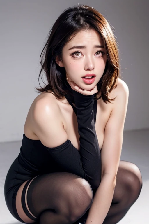 （8k, Best image quality, highest quality, detailed, Actual photo, Professional photography, High resolution, wallpaper, 超High resolution, Soft lighting, focal distance）,((masterpiece)), solo, ((highest quality)), ((Complex)), ((Super Realistic)), (Realistic), very detailed,M-shaped legs, (Big Breasts), beautiful and detailed eyes,  Star-shaped pupils, eyelash, double eyelid, (Droopy eyes), brunette bob hair, Brown eyes,  (background: underground), detailed background, Perfect Eyes, Captivating eyes, (Tear bags:1.4),(drooping eyes:1.5), Looking at the audience, (whole body) , ((stockings:1.2, High heels :1.2)),full body ,squatting ,wide open legs ,arms behind head ,make up ,open mouth wide ,stick tongue out 