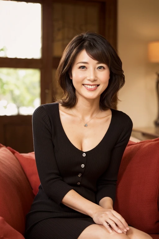 8k, highest quality, masterpiece, Genuine, graphic, Detailed explanation, Natural light, Soft sunlight, 1 Japanese female, 40 years old, Slightly brown-haired, Short Bob, Black knit dress, wear(Dress wide open on the chest:1.5)、(Duck sitting:1.5)、(forward leaning posture:1.2)、Shapely bust、(You can see your cleavage in full:1.5)、胸のDetailed explanation、Mischievous smile、A kind smile、Shy laugh、White teeth、Mini knit dress(You can see beautiful feet。:1.2)、Ring on left ring finger、Hand detail、Western-style room、sofa、indirect lighting