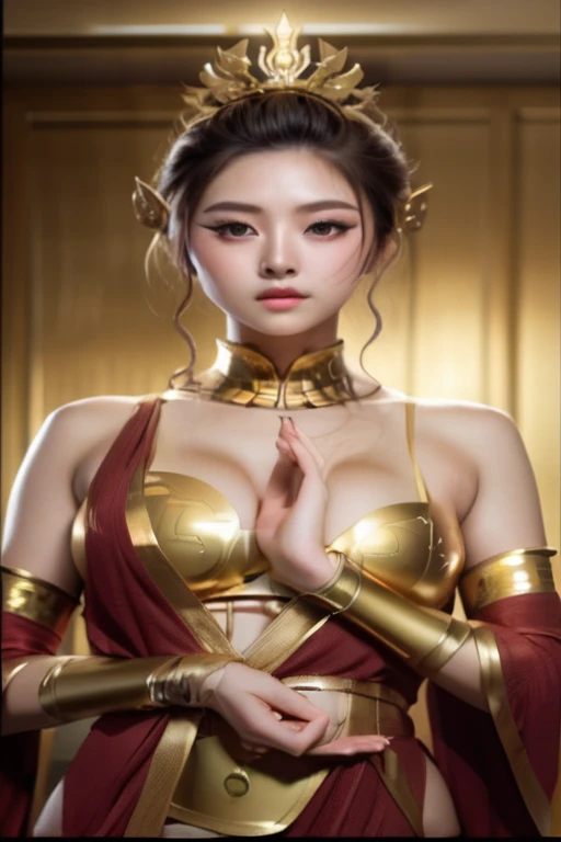 A girl cosplaying as the goddess Athena,sexy cosplayer girl、Sexy gold micro bikini with gold embellishments,Golden Sexy Micro Bikini Warrior,White skin,Perfect body,Light brown hair(big 、big 房、big Tits)(Cleavage exposure、Exposing the upper arm、Navel exposure、Exposed thighs)(sexy gold garter stockings)
