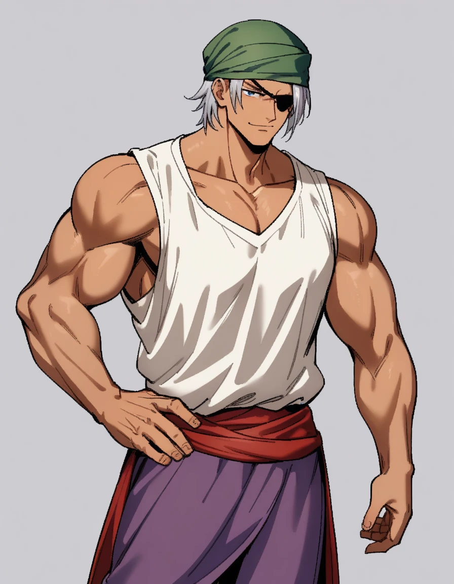 1man, muscular mature, pirate, green headscarf, gray hair, headscarf with asymmetrical bangs, blue 1eye, black eyepatch, short hair, tanned skin, tough, ordinary, forehead, asymmetrical medium bangs, BREAK solo, red waist cloth, purple arabian pants, white sleeveless shirt, loose fitting shirt, tented shirt, medieval, soft smile, in jrpg style, 1990s, masterpiece, best quality