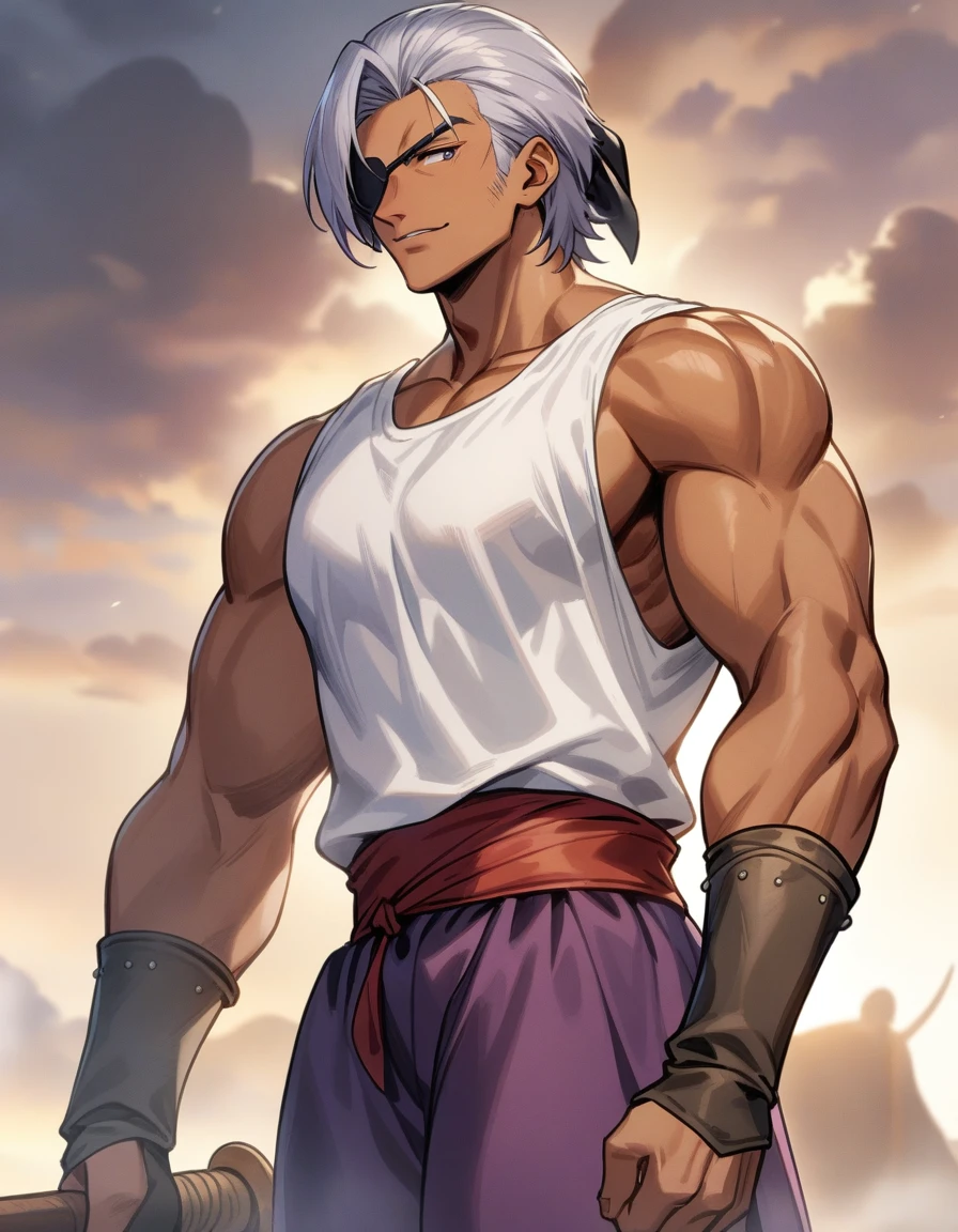 1man, muscular mature, pirate, green headscarf, gray hair, headscarf with asymmetrical bangs, blue 1eye, black eyepatch, short hair, tanned skin, tough, ordinary, forehead, asymmetrical medium bangs, BREAK solo, red waist cloth, purple arabian pants, white sleeveless shirt, loose fitting shirt, tented shirt, medieval, soft smile, in jrpg style, 1990s, masterpiece, best quality