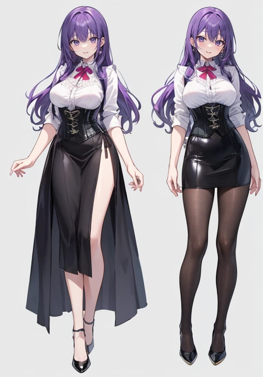 Purple hair,long hair,Adult female,(Bartender),((Rolling up your sleeves shirt)),(Corset),(Tight skirt),(high heels),((Simple background)),Smile,((Full body)),((whole body)),Character Sheet,Standing straight and facing forward