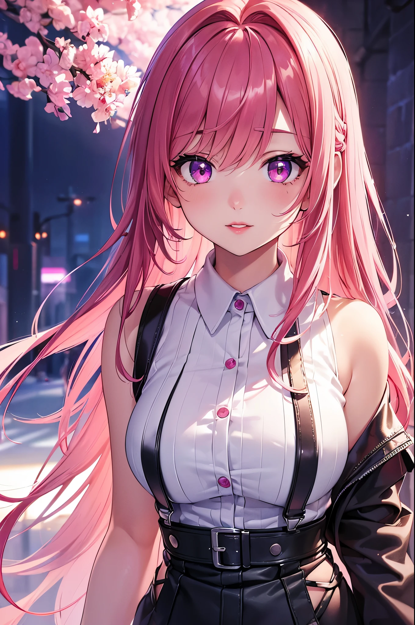 (Best quality at best,8K,A high resolution,tmasterpiece:1.2),Digital artwork, one girl,detailed face,detailed eyes,pink hair,long straight hair,glowing purple eyes,red lip,Suspenders