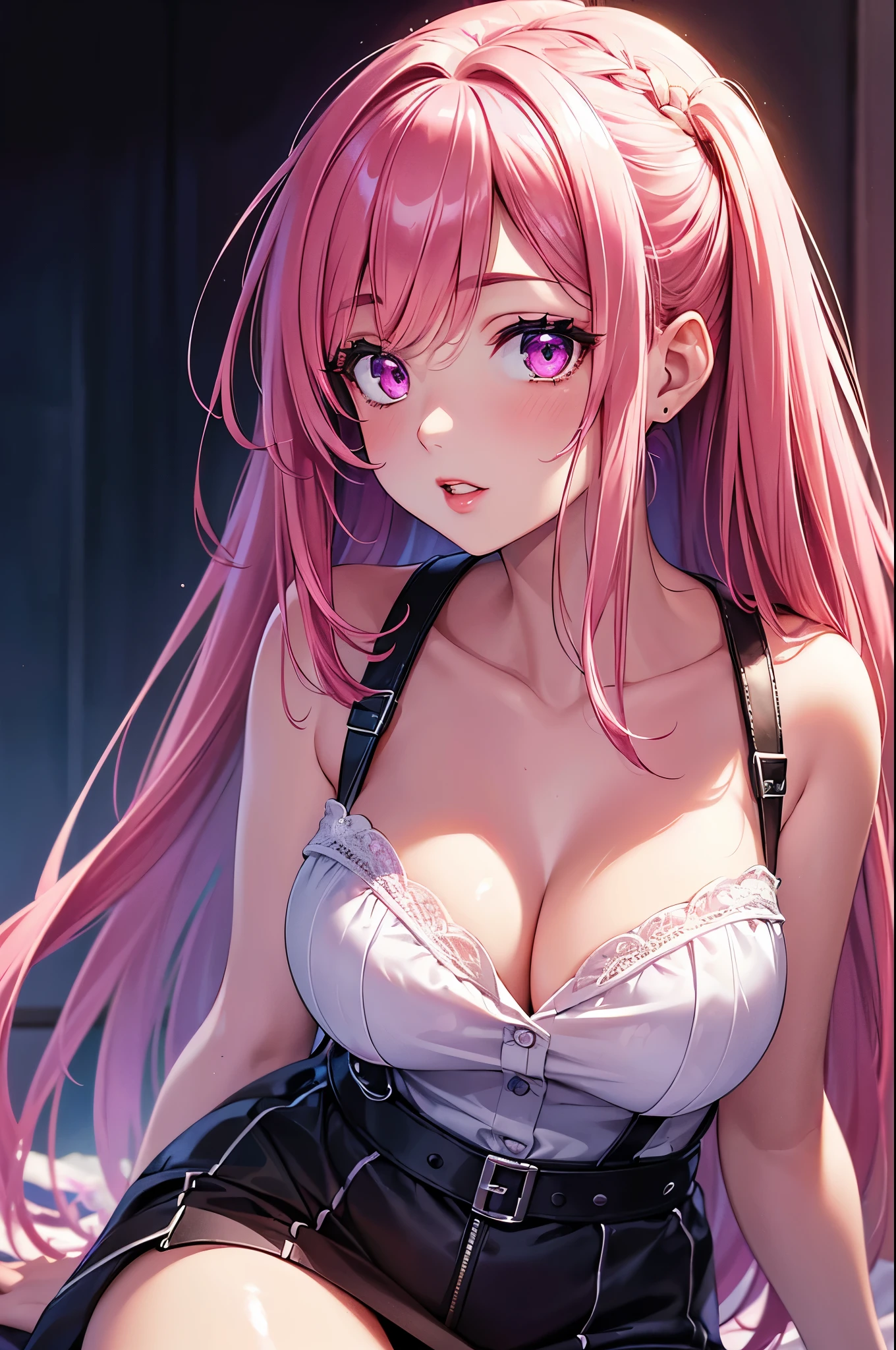 (Best quality at best,8K,A high resolution,tmasterpiece:1.2),Digital artwork, one girl，detailed face，detailed eyes，pink hair，long straight hair，glowing purple eyes，red lip，Suspenders