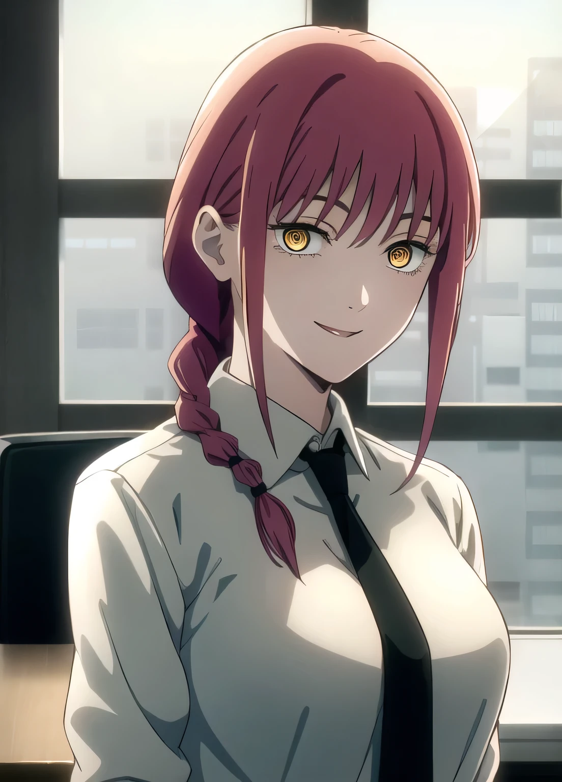 csm anime style,  makima \(chainsaw man\), 1girl, solo, necktie, smile, braid, looking at viewer, shirt, black necktie, ringed eyes, collared shirt, braided ponytail, white shirt, red hair, breasts, upper body, medium breasts, bangs, window, formal, yellow eyes, sidelocks, light smile, office lady, medium hair, business suit, suit,  ((masterpiece))    