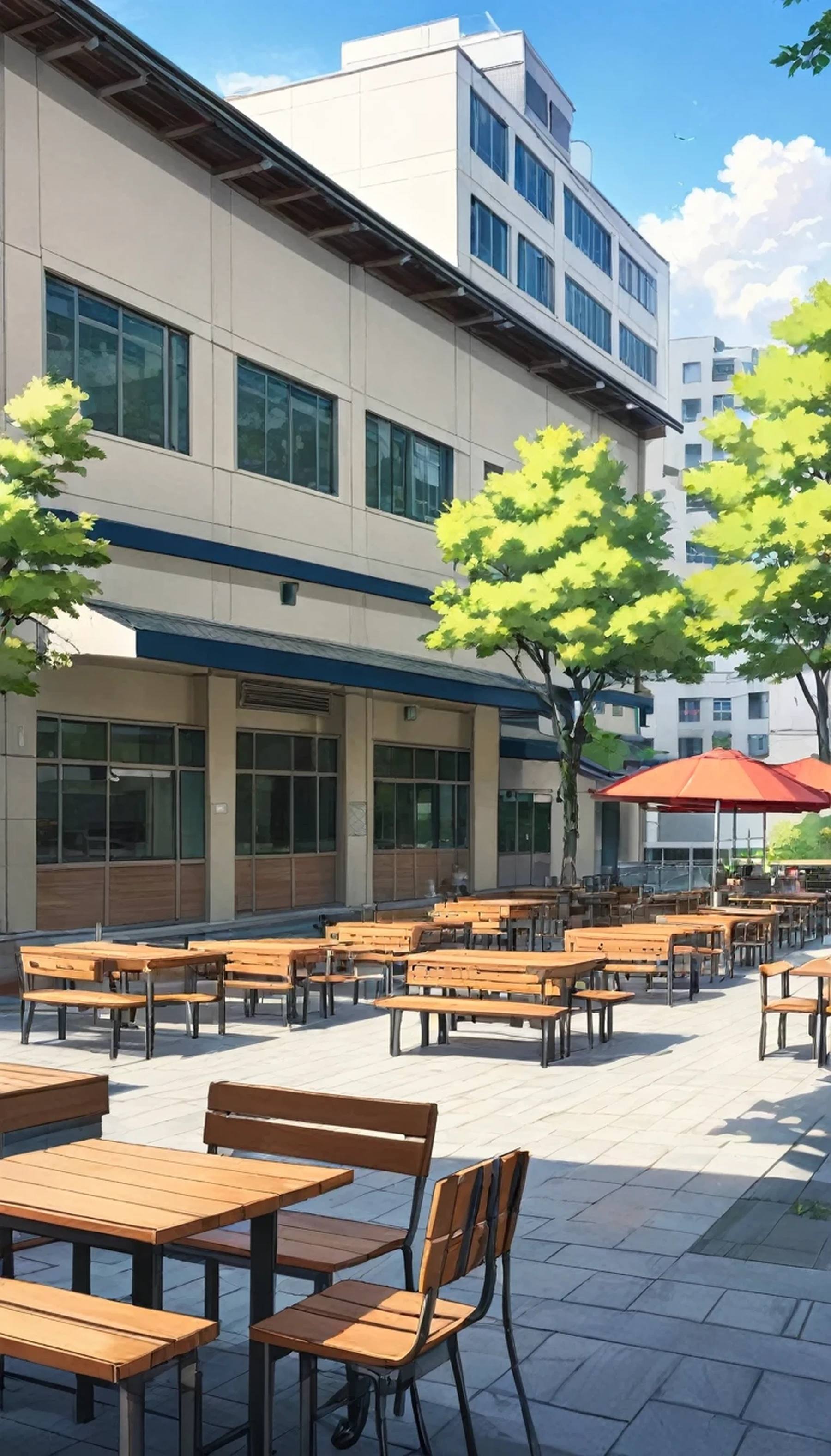 College campus,animated, 16:9 image, illustration, 
glasses, 
nakaniwa, tree, outdoors, table, food, day, building, cup
 