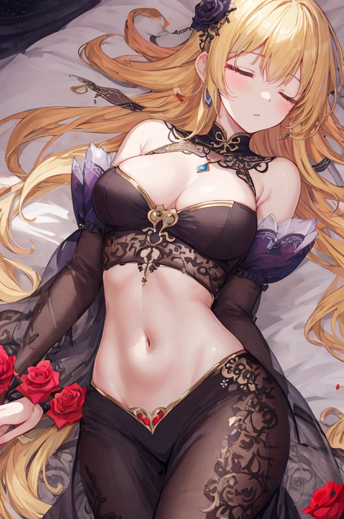 masterpiece,8k,Fairy tale style,sleeping Beauty,A woman with medium ,(Gorgeous woman),ahegao,Long blond hair,Showing belly,Slim waist,红桃爱心❤️,Intricate rose pattern,Intricate details,
