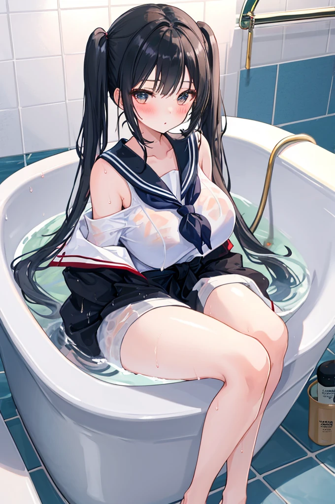 A girl,Sitting in the bathtub,Bath,twintails,Long hair,Black Hair,((transparent)),Towering breasts,Sailor Suit,Off-shoulder,Slim waist,Smooth legs,blush,Wet clothes,A very large bathtub,