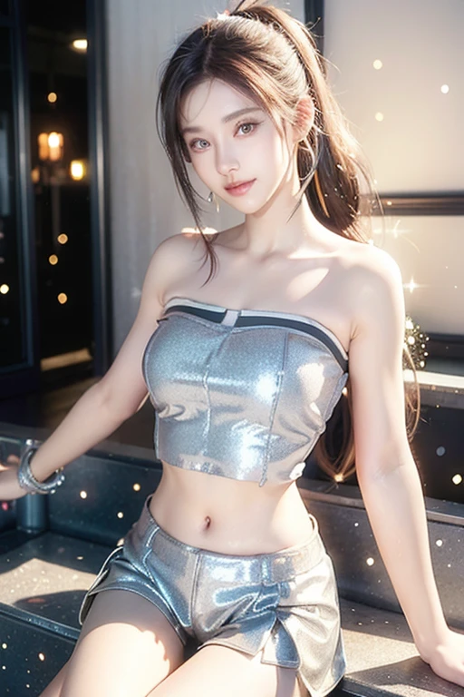 An innocent 20-year-old girl, (shoulder strapless Crop tube top:1.6), (glitter shorts:1.5), (high heels), (Dramatic Pose),smile, (High Ponytail),downtown、RAW Photos, (8k, highest quality, masterpiece:1.2), (Intricate details:1.4)、(Photorealistic:1.4), Octane Rendering, Complex 3D rendering with ultra-detail, Studio Soft Light, Rim Light, Vivid details, Super Detail, Realistic skin texture, Detailed aspect, Beautiful details in the eyes, Highly detailed CG Unity 16k wallpaper, compensate, (Detailed Background:1.2), Glowing Skin, whole body, (thin legs:1.2), (small waist), (Cleavage), (looking at viewer:1.2)