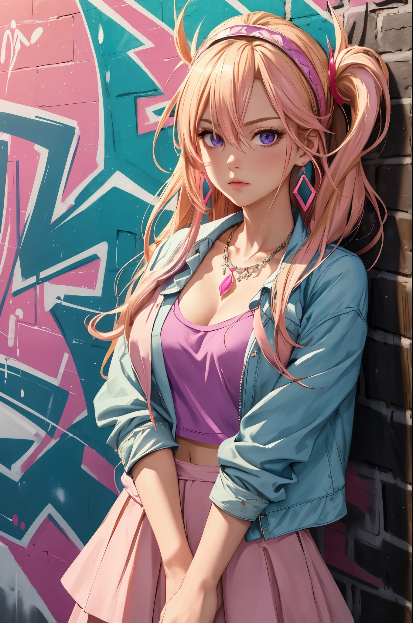 (best quality, masterpiece:1.2), ultra-detailed, realistic, portrait, medium:1.1, girl, complex details, colorful, (medium breath), long hair, Blonde hair, red headpiece, pink highlights, hair covering one eye, cyan eyes, purple earrings, intense gaze, necklace, neon shirt, open jacket, cropped top, (symmetrical eyes), perfectly symmetrical figure, leaning against a brick wall, graffiti, dim lighting, alleyway, observing the audience., highres