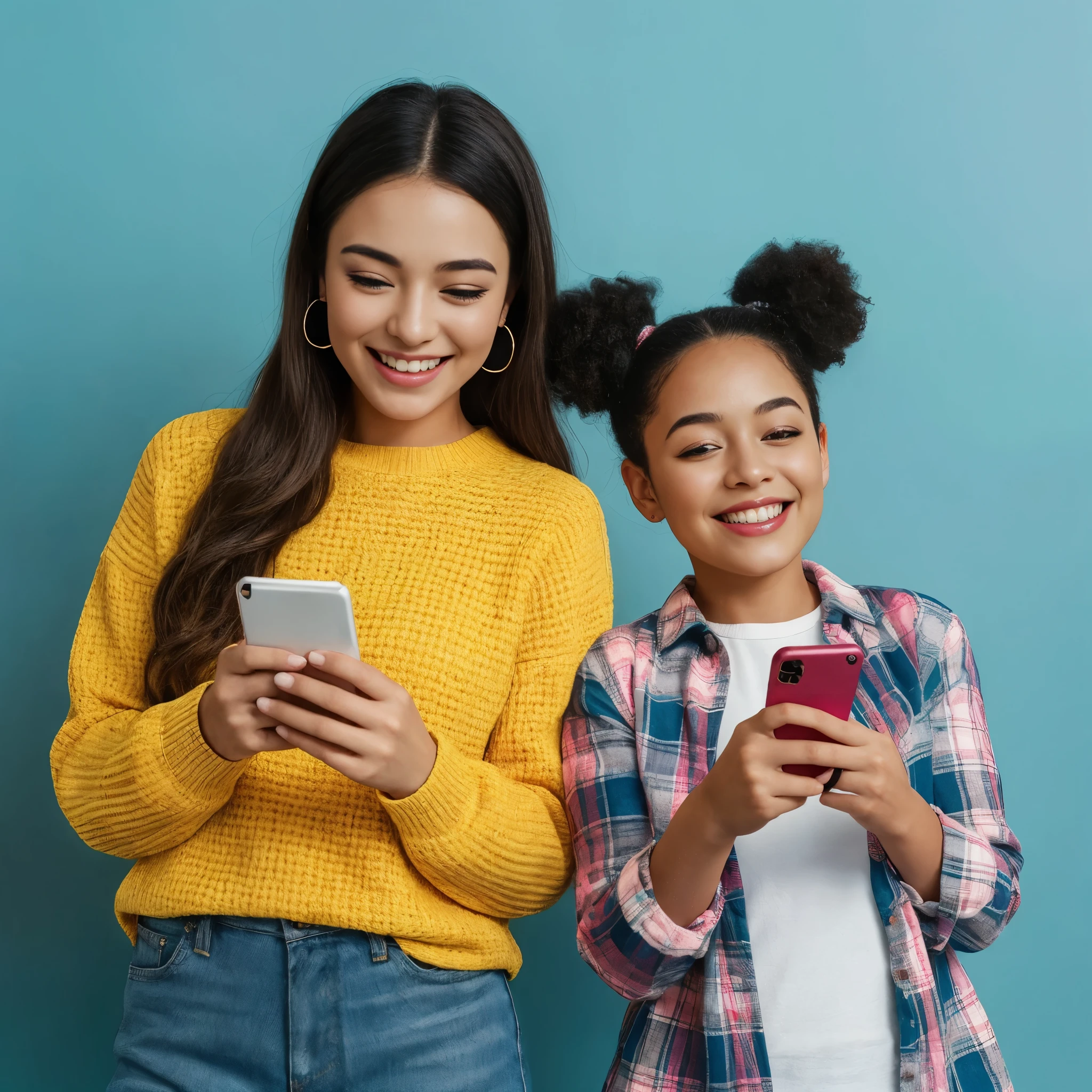 highres,realistic,portrait,painting,two girls,smiling,joyful expressions,young adult,yellow sweater,plaid shirt,standing together,holding cell phones,vivid colors,lively background,colorful lighting
