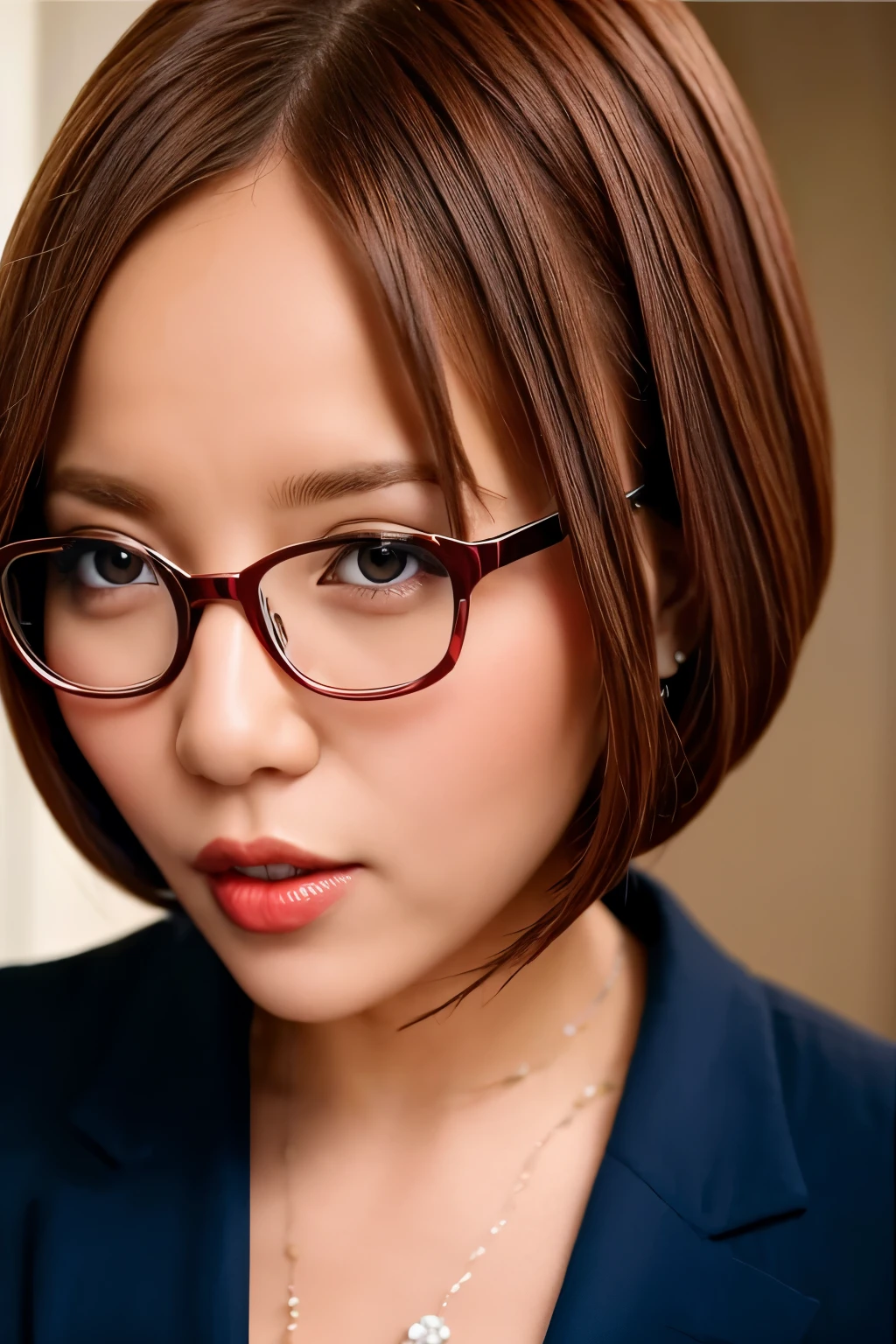 (masterpiece, best quality:1.2), 1 Secretary，short hair（（（The eyes are very delicate））），Glasses（（Conservative suit））Red plump lips（8k）（HD）