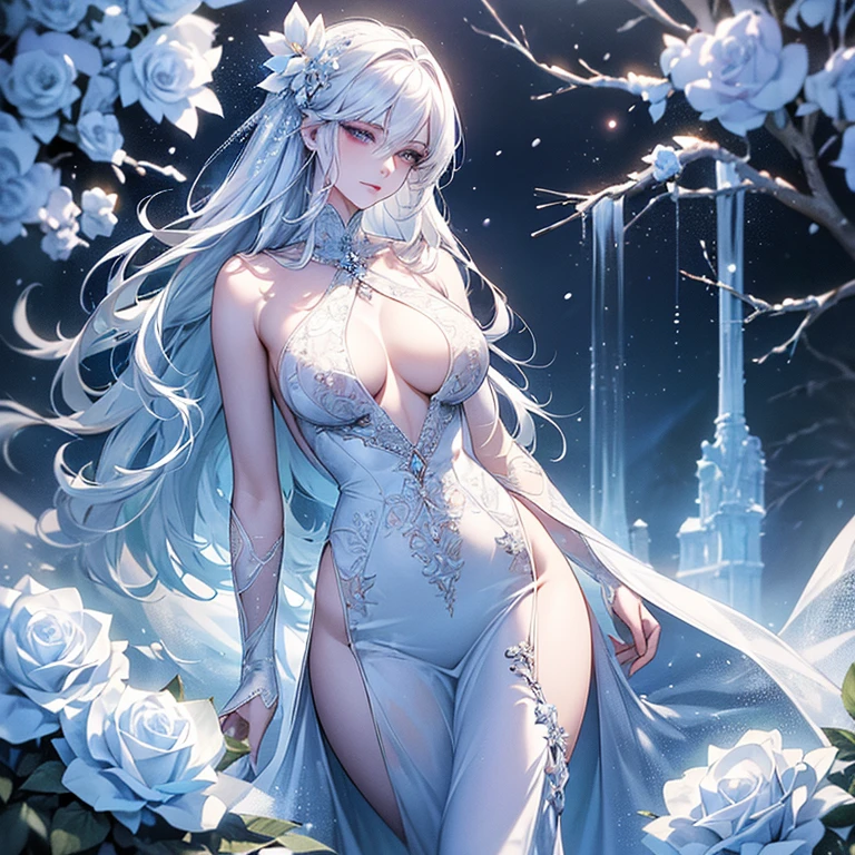 (Master piece), (Best Quality), (Cinematic), 8K, (Art Station), (A woman with long white hair and silver eyes), (Beautiful delicate face), Frozen trees, landscape crystal, lighting, (ethereal atmosphere:1.1), fantasy, short story, soft lighting, (cinematic shot:1.2), art station, luminous white background, soft glow, (creative Dynamic Angle: 1.3), Crystal Toning, (Heavenly Paradise), White Lighting,Masterpiece, Very detailed, Super detailed, Solo, (Pale skin), Silver eyes, White hair, (Snowy background), (Snowflake Rosen flower: 1.0), (Shining crystals), (Snow covered) ground), (white eyelashes), sexy woman, dream-like details, gorgeous setting, mysterious atmosphere Mastepiece, the most beautiful scene, majestic, (((full of white flowers: 1.0))), quiet and calm Atmosphere, charming, all white tones, inside the crystal library, transparent flowers and snow falling, lots of white roses planted, (flowing water, waterfall, water bloom),The decoration is also careful, dreamy, (very detailed, creative design, crisp and precise lines, K HD, top quality, masterpiece, super high resolution), various poses, ((beautiful white flower hair ornament) ), beautiful hairstyle, (best quality, 4K, 8K, high resolution, master piece: 1.2), super detailed, detailed expression, graceful posture, expressive brushstrokes, mysterious atmosphere, artistic interpretation, delicate Floral jewelry, ((((Detailed design, beautiful transparent dress made of thin fabric, thin mini-length dress that shows the skin))), (Extraordinary breasts, best body proportions, large breast proportions: 1.5), Expressive,Chignon