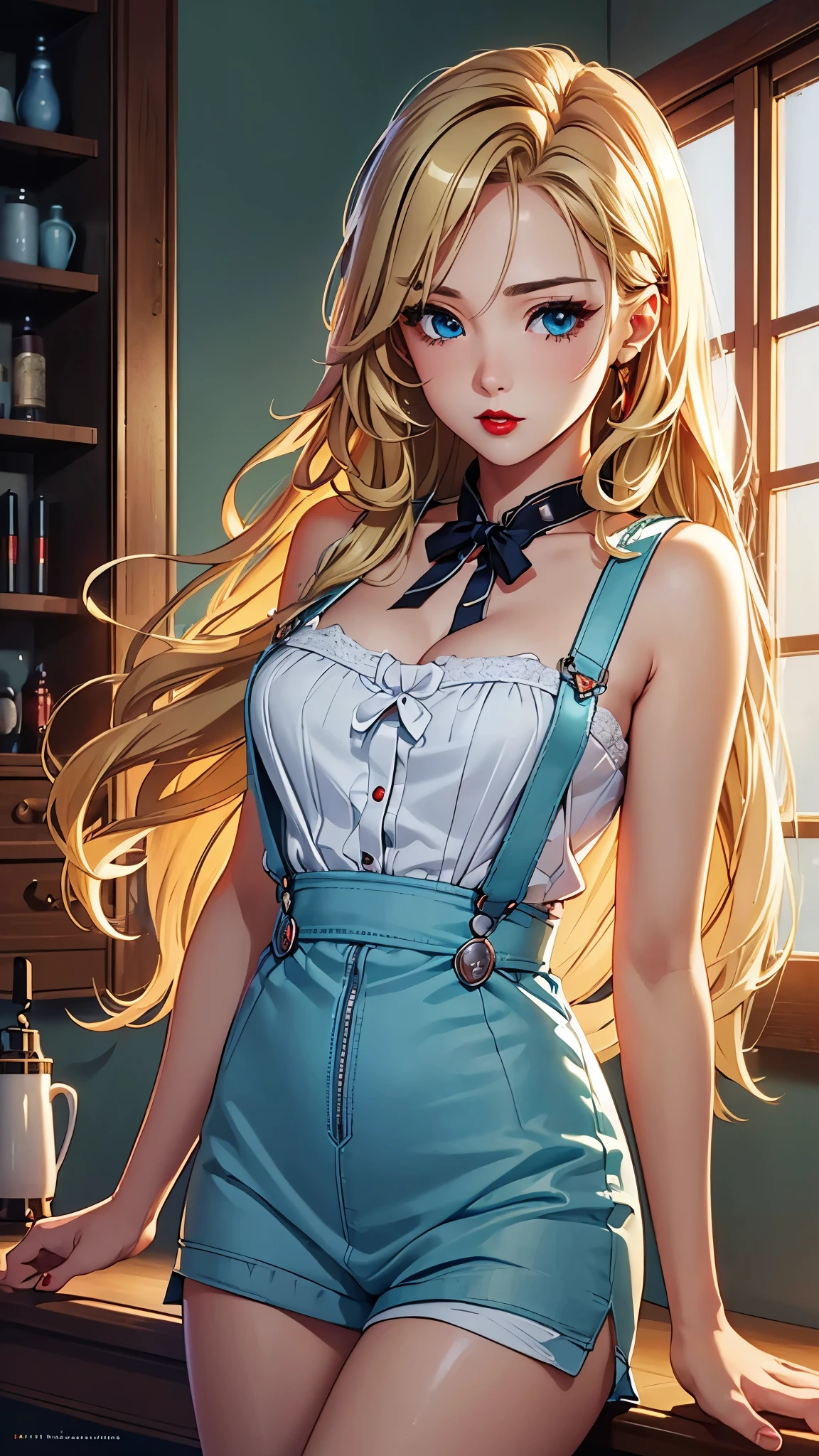 (Best quality at best,8K,A high resolution,tmasterpiece:1.2),Digital artwork, one girl，detailed face，detailed eyes，Blonde hair，long straight hair，glowing cyan  eyes，red lip，Suspenders