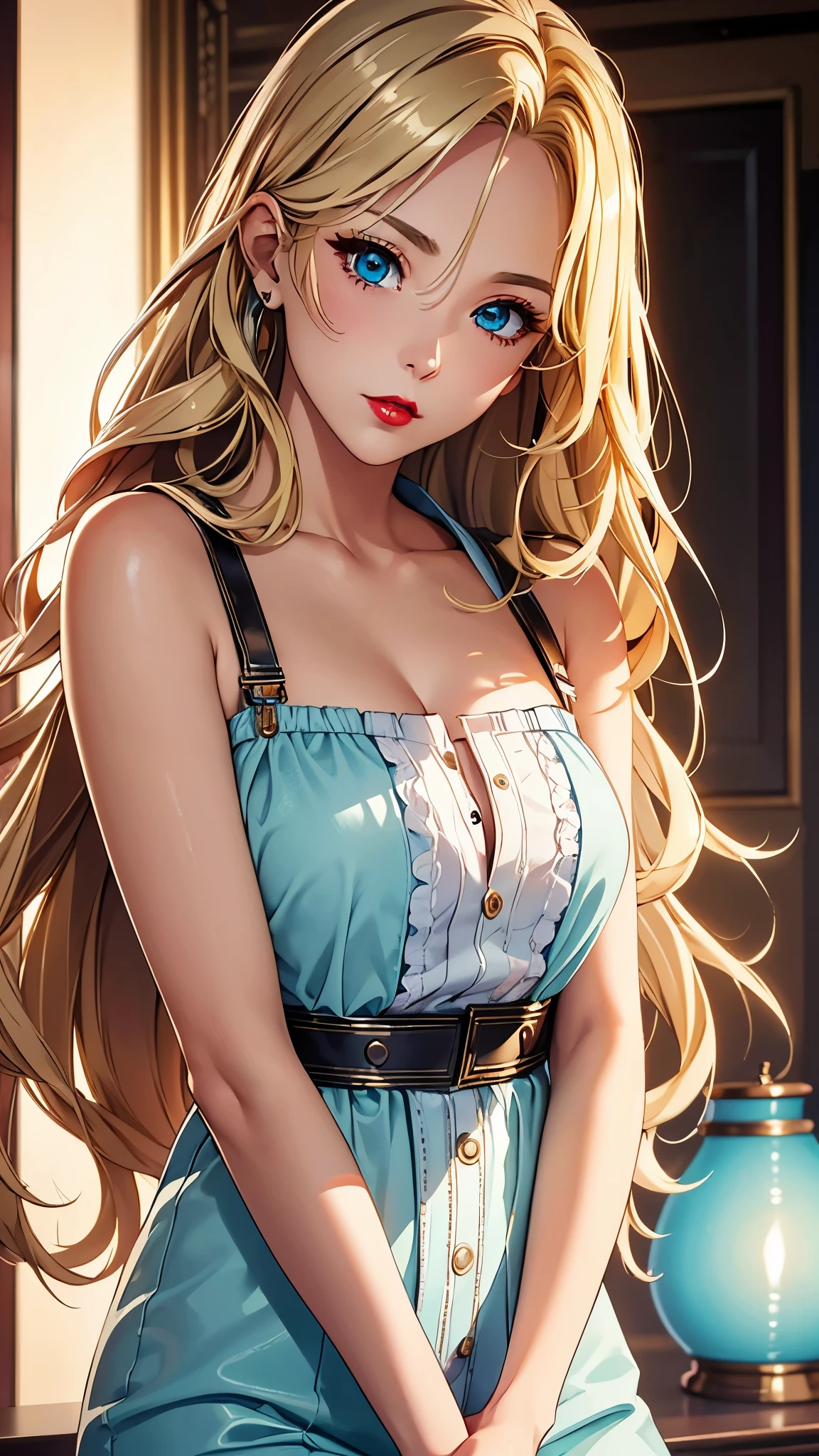 (Best quality at best,8K,A high resolution,tmasterpiece:1.2),Digital artwork, one girl，detailed face，detailed eyes，Blonde hair，long straight hair，glowing cyan  eyes，red lip，Suspenders