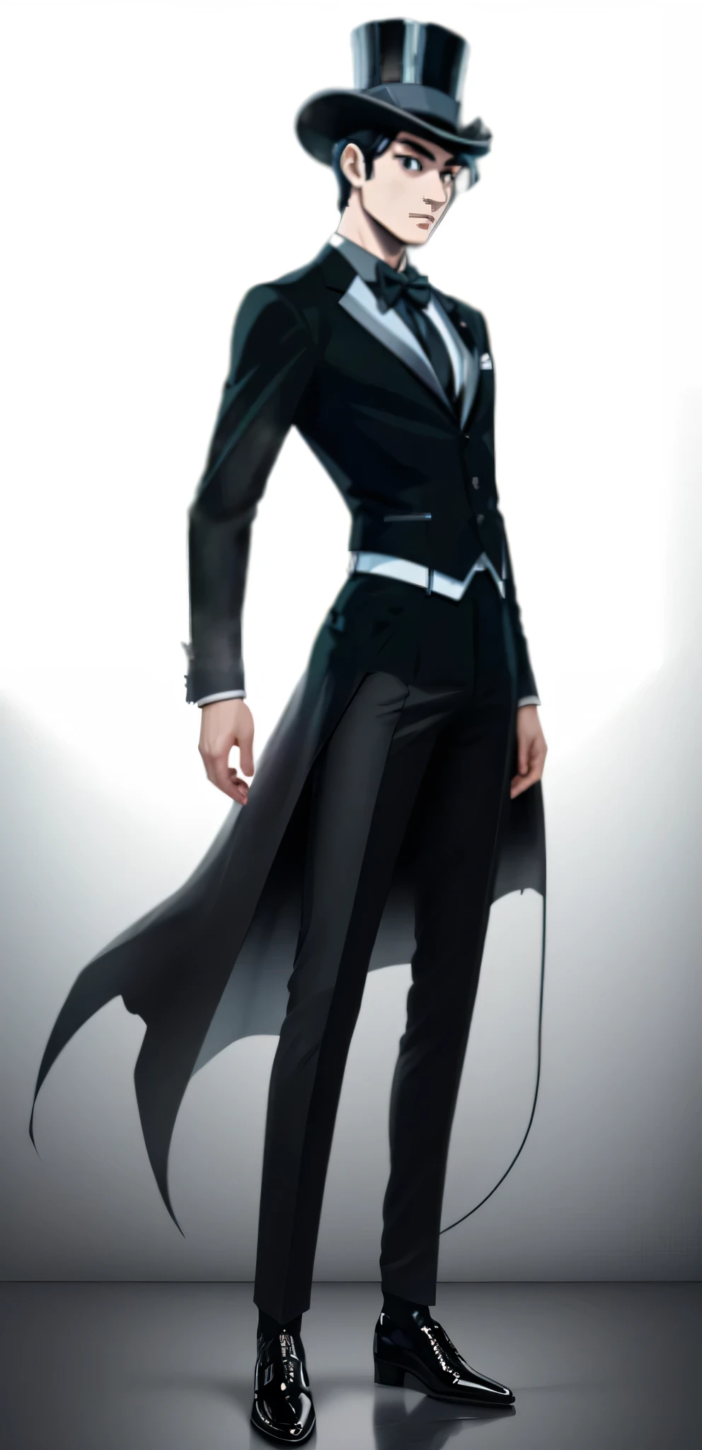 Standing picture,Black suit,Black Wire,Clear the color patch,HD,Second dimension,No background,Facing the audience at an angle,whole body像,Black top hat,whole body,Wire,contour,Wire,Print,Anime men,leather shoes