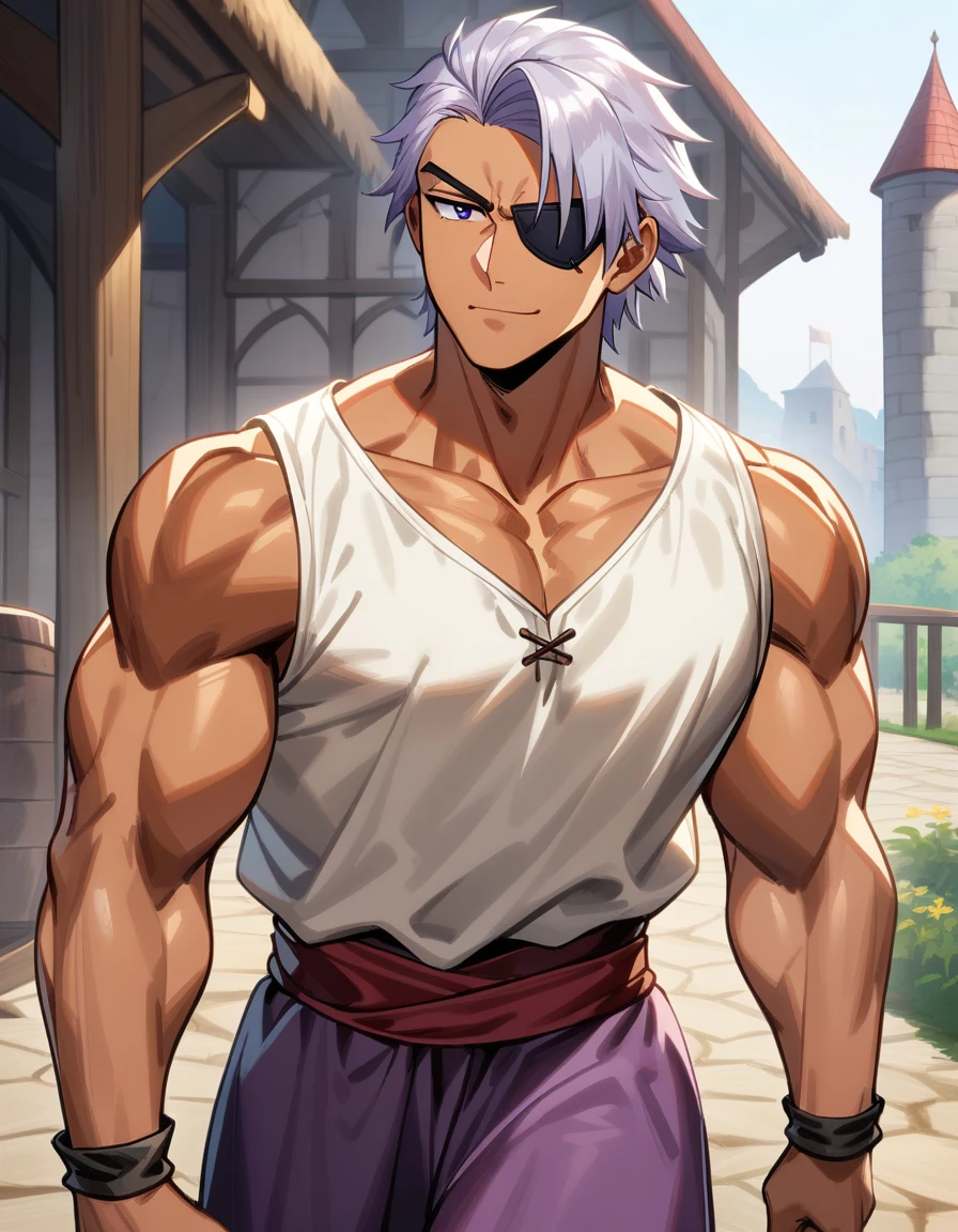 1man, muscular mature, pirate, green headscarf, gray hair, headscarf with asymmetrical bangs, blue 1eye, black eyepatch, short hair, tanned skin, tough, ordinary, forehead, asymmetrical medium bangs, BREAK solo, red waist cloth, purple arabian pants, white sleeveless shirt, loose fitting shirt, tented shirt, medieval, soft smile, in jrpg style, 1990s, masterpiece, best quality
