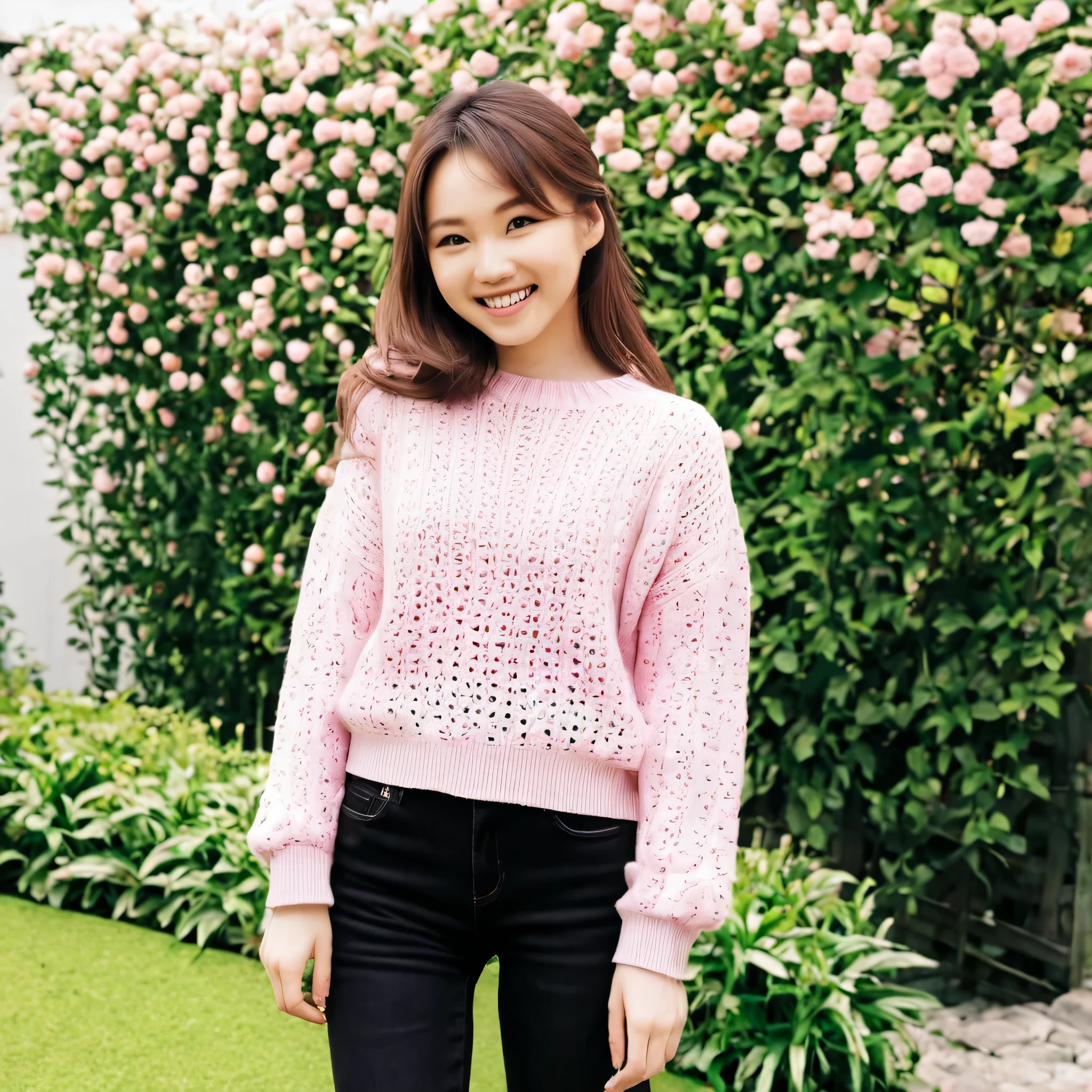 Asian girl, young girl, brown hair, white skin, cute, smile, pink sweater, black jeans, garden, flower