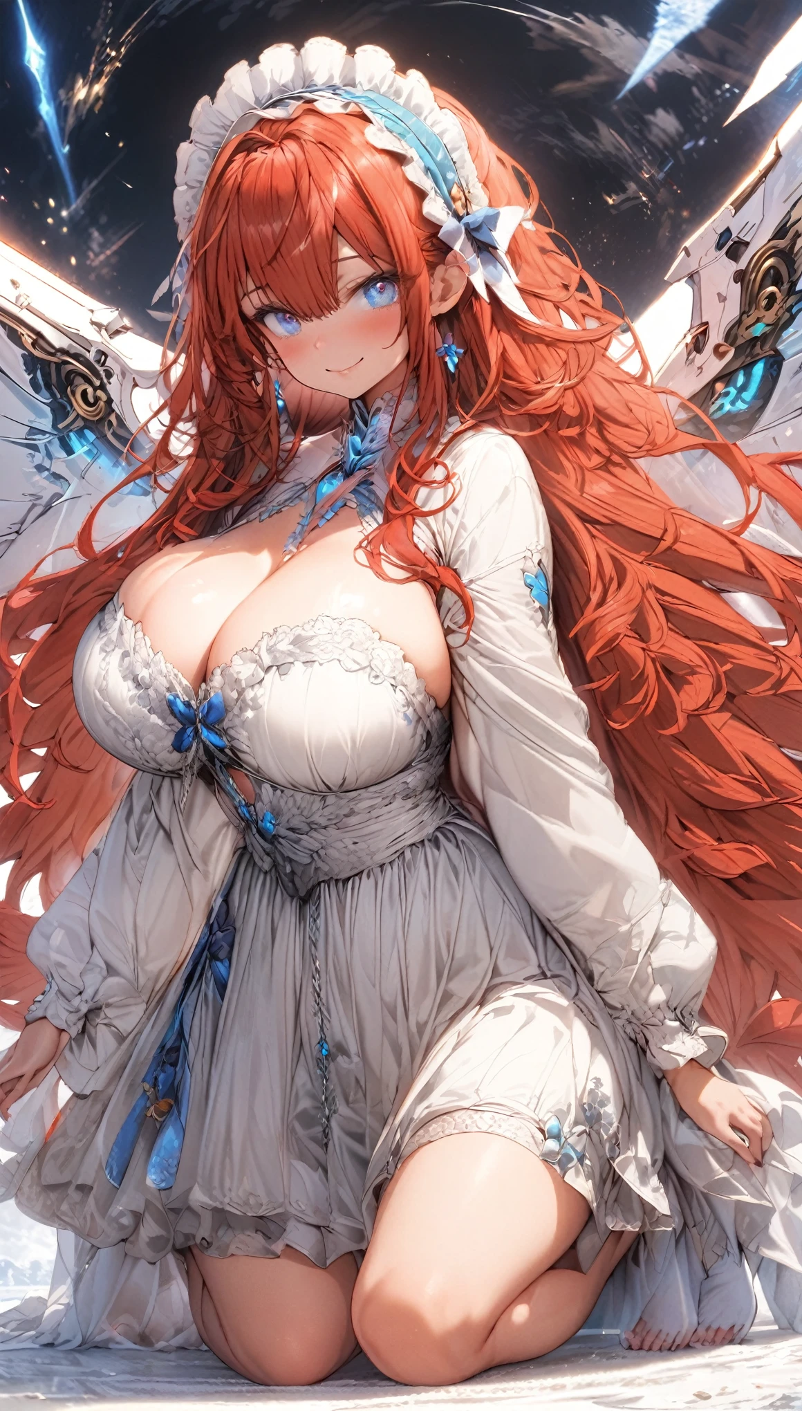 masterpiece, best quality, extremely detailed, high resolution, Japanese anime,1girl, Crimson hair, (long length hair:1.5), wavy hair, mechanical wing, (blue eyes:1.5), (beautiful detailed eyes:1.4), laugh, 130cm tall, (huge breasts:1.2), original character, fantasy, (black background:1.1), (full body:1.8), beautiful fingers, standing, ( black lace frill dress:1.5), (headdress:1.5) , shoot from front, looking at viewer