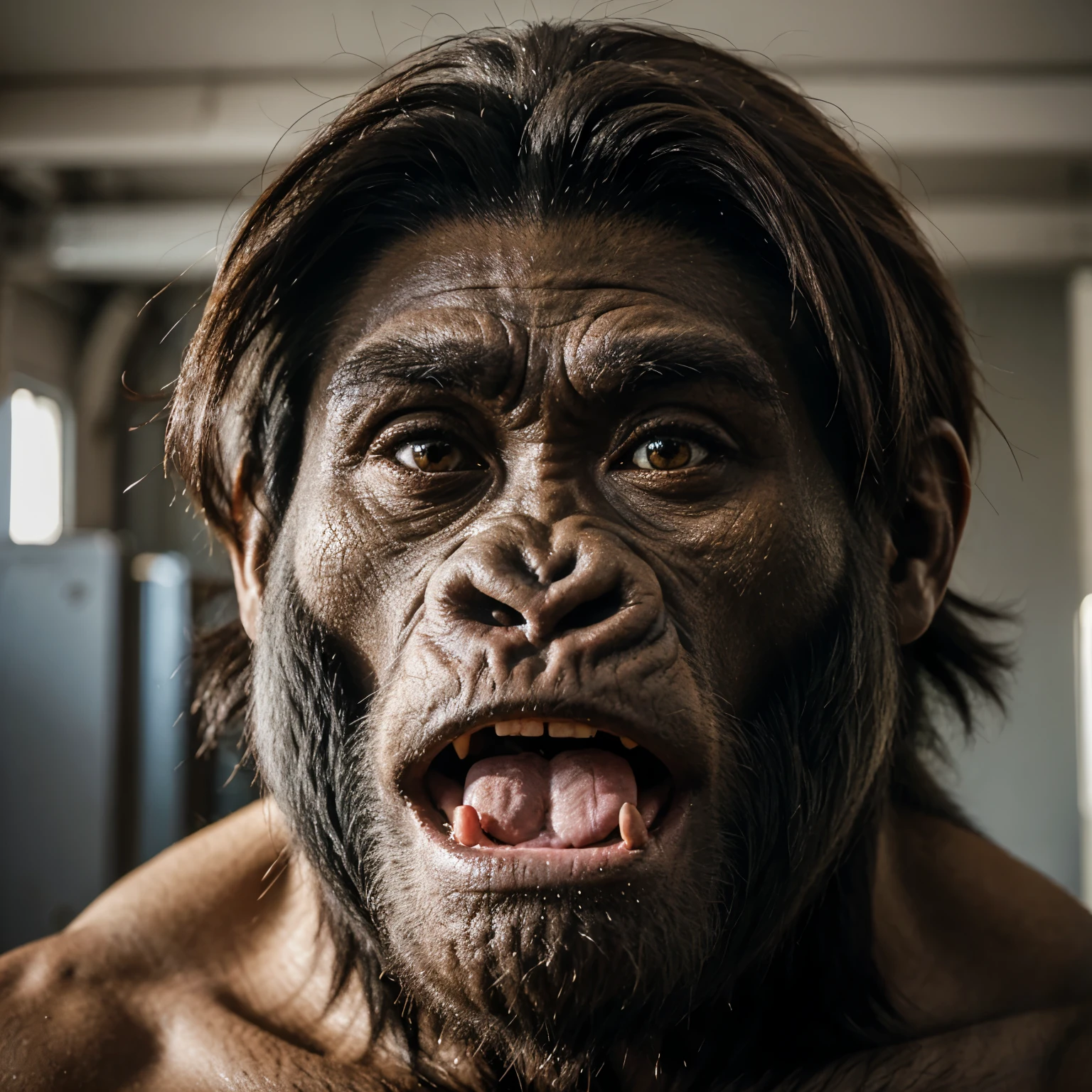 Generate a gorilla picture turning his head right  side and screaming. 