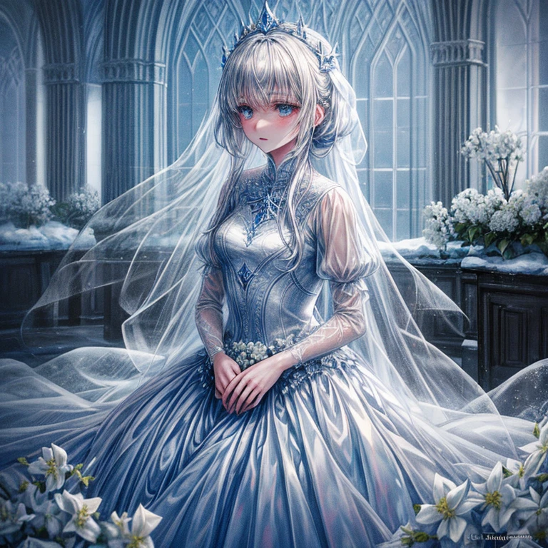 (Tabletop), (figure), (highest quality), (Cinematic), 8k, (Art Station), Li Yue style.
 (長い白い髪とSilver Eyesを持つ1人の女の子), (流れるようなWhite sheer dress)、Beautiful and delicate face] [ Blue Skin] [+ Body parts] [ Particle Lou Full Moon] [frozen blue tree々] [Landscape Dark Crystal] [Lighting] [Mysterious atmosphere]:1.1 [Fantasy, Short Story] [book story style] [soft Lighting] [moody mood]:0.8 [+Cinematic shot]:1.2 [+Art Station] [+luminous blue background] [+soft Lighting] [Soft glow] [Creative and dynamic angles]:1.3, [+Crystal Toning] [+Octane Rendering] [+Professional Post-Production ] [+Octane Rendering] [+tones and Lighting and contrast/ +ghibli style/+style] [FUJIFILM XT3 Film]、Tabletop, Very detailed, Very detailed, alone, (One Girl), (Pale skin), Silver Eyes, Frozen white hair, (Snow Background), Snowflake Rose Flower:1.5), (Crystal Crown), (shining crystal), (((White sheer dress))), (Snow-covered ground), (Cold breath), (Frozen eyelashes), stand in a room with flowers、A woman wearing a transparent and delicate wedding dress, luxurious wedding, So magical and dreamy, Dreamy details, Fantastic fairy tale, Fairy tale setting:, Luxury sheer dress, Dreamlike atmosphere and drama, Gorgeous atmosphere, Long, gorgeous and intricate sheer gown, 妖しい雰囲気 Tabletop, The most beautiful scene, white transparent legal gown, Majestic、(((Lots of white flowers)))