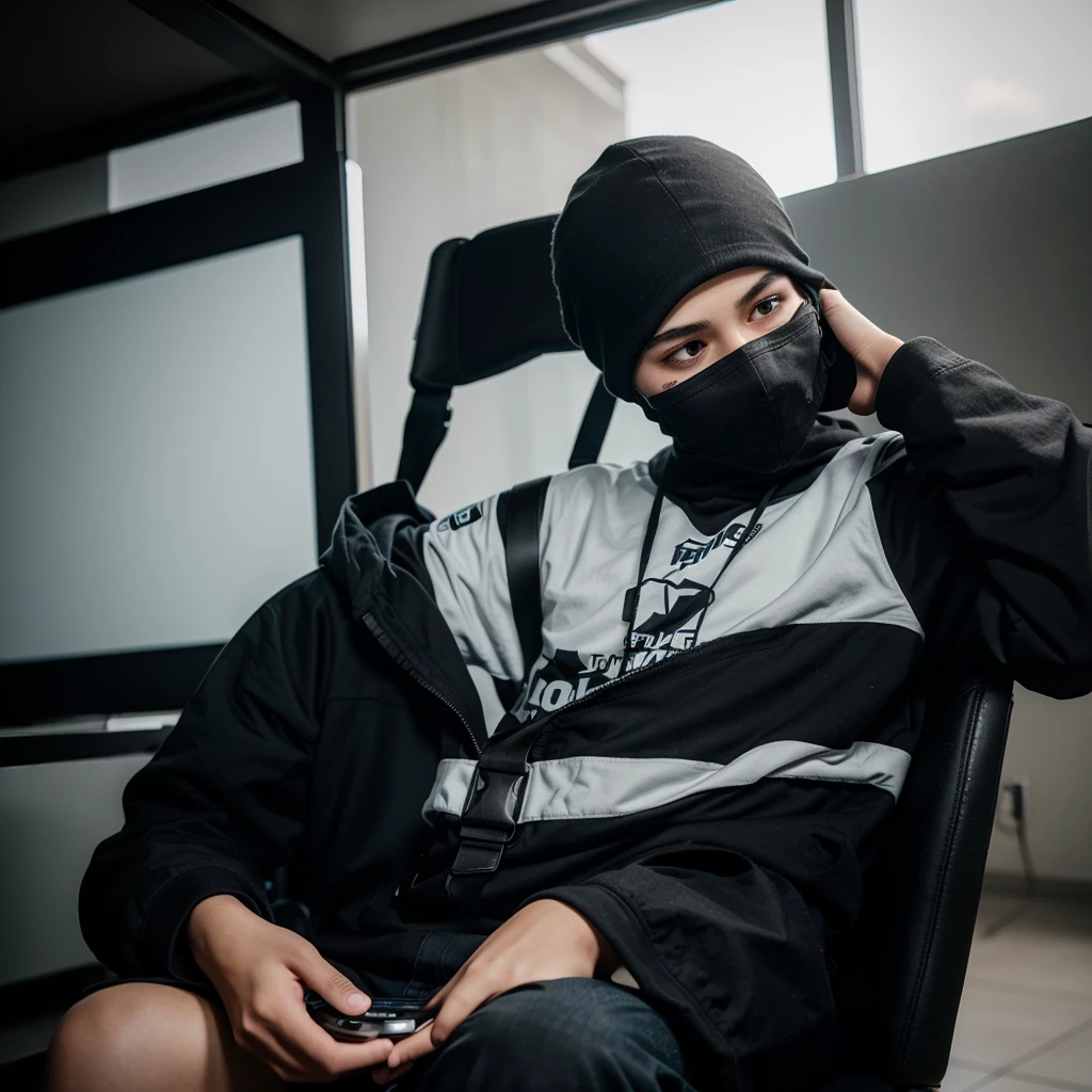 A teen age boy, A gamer sit on chair and play call of duty mobile play on laptop and cover her face with black mask
