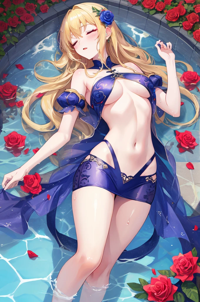 masterpiece,8k,Fairy tale style,sleeping Beauty,A woman with medium ,(Gorgeous woman),ahegao,Long blond hair,Showing belly,Slim waist,红桃爱心❤️,Intricate rose pattern,Lying in the pool,Wet clothes,