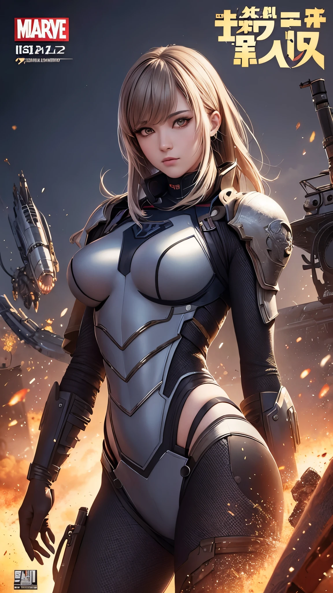 (best quality), oriental detailed background, science fiction,mechanical arms,girl with man , war, monster army, techwear, military uniform, comics,fantasia,sfw,marvel e DC