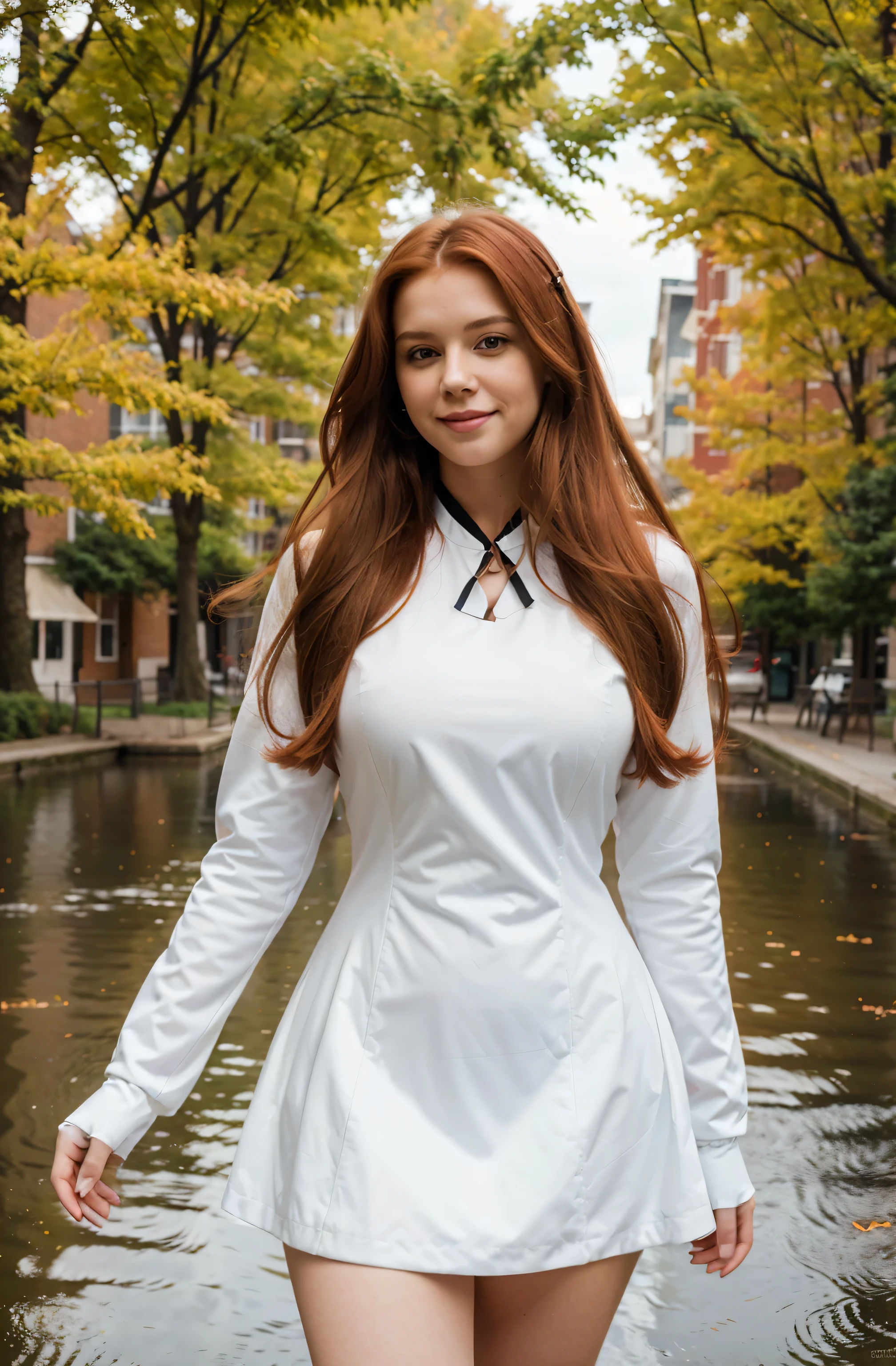 ((masterpiece,best quality)),8k wallpaper,1curvy woman, long hair, red hair, solo, dress, red eyes, looking at viewer, long sleeves, standing, building, white dress, gloves, hair ornament, black jacket, smile, floating hair, dutch angle, closed mouth, looking away, outdoors