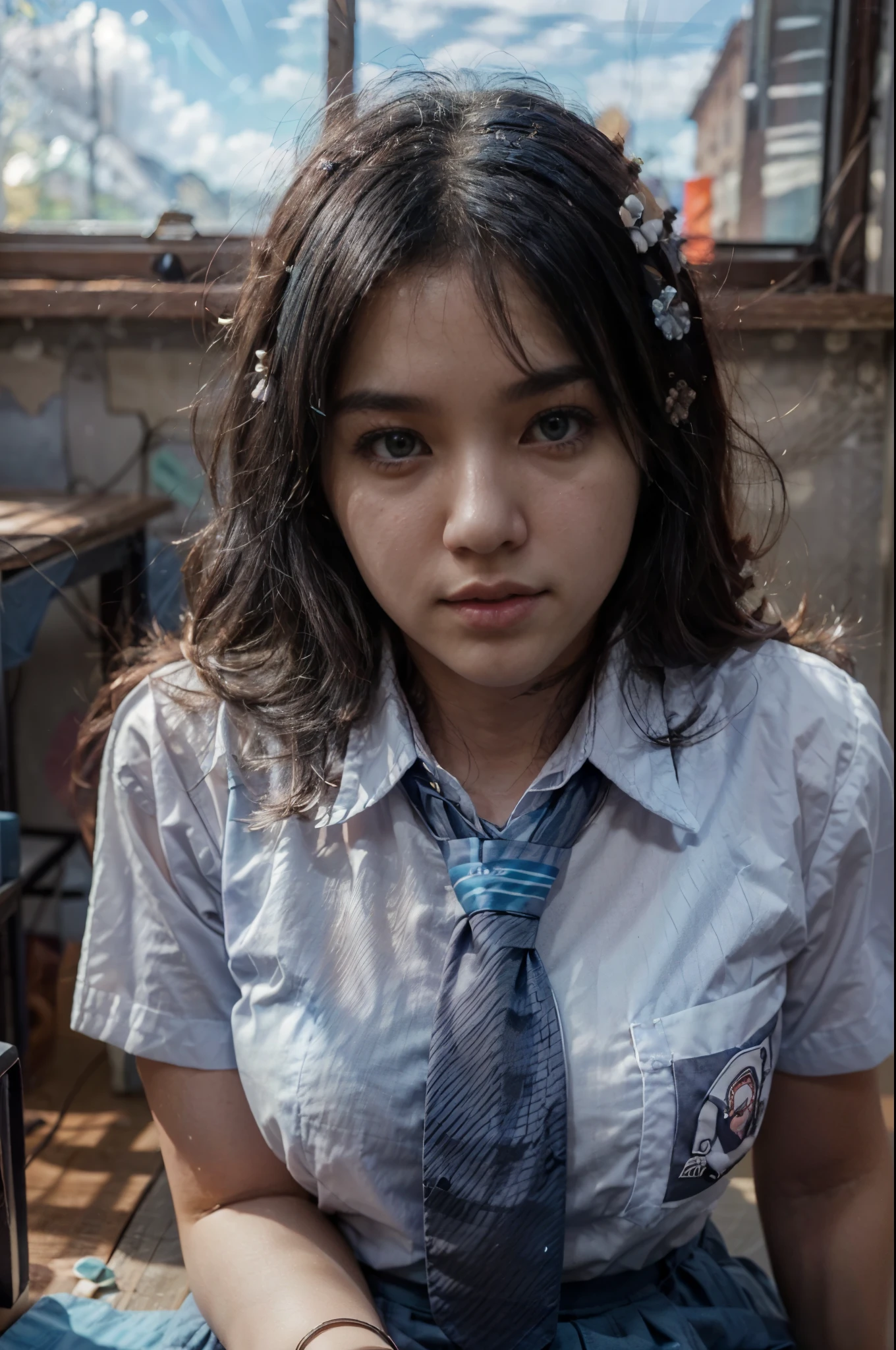 Photorealistic, (close-up:1.3, exposed face), wide angle, (seen from above:1.2), in frame, a japanese young woman, ((white button shirt:1.2, with grey blue necktie:1.2, long skirt:1.3), uniform of indonesian high school likeness:1.3), a hyperrealistic beautiful young woman with grayish blue eyes,extreme detailed face, flowing hair, (black hair:1.4), natural sagging breast, high detailed official artwork, beautiful girls with plumpy body and busty posture, fatty belly, long legs, attractive young woman, (atractive poses:1.3), lying down on the (desk:1.2), in the classroom, surrounded by student, skyview background, dubnitskiy david fanart, realistic portrait, smooth photorealistic, perfect visual of a cute girls, cute girls with round soft face, face focus, makoto shinkai and artgerm, photon mapping, natural light, warm color tones, vivid colors, cool ambient, foggy atmosphere